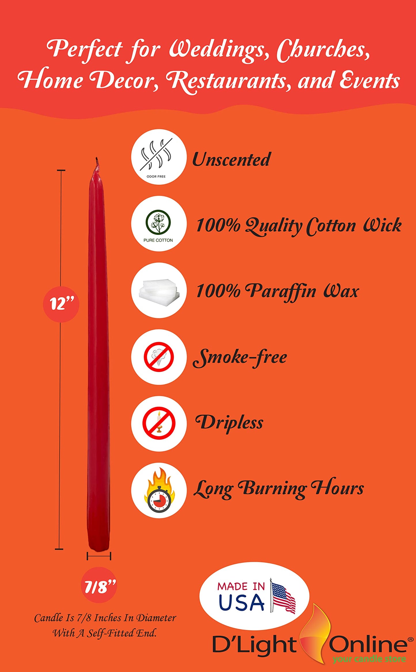 D'light Online Elegant 12" Holiday Taper Candle for Christmas - Premium Quality Candles Hand-Dipped Tapered, Dripless and Smokeless - Set of 12 (12 Inch, Jingle Bells)