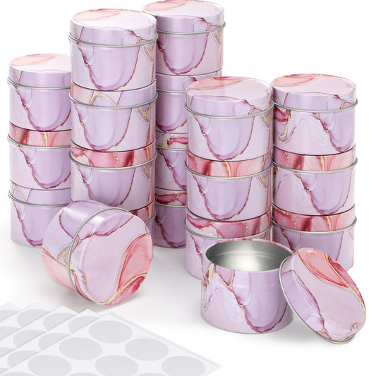 Patelai 2.5 oz Purple Metal Round Tins Aluminum Tin Cans Salve Tins Containers with Screw Lid 10 Sheets Stickers for Salve Spice Candies Balms Candles, 36 Pack (Elegant Style)
