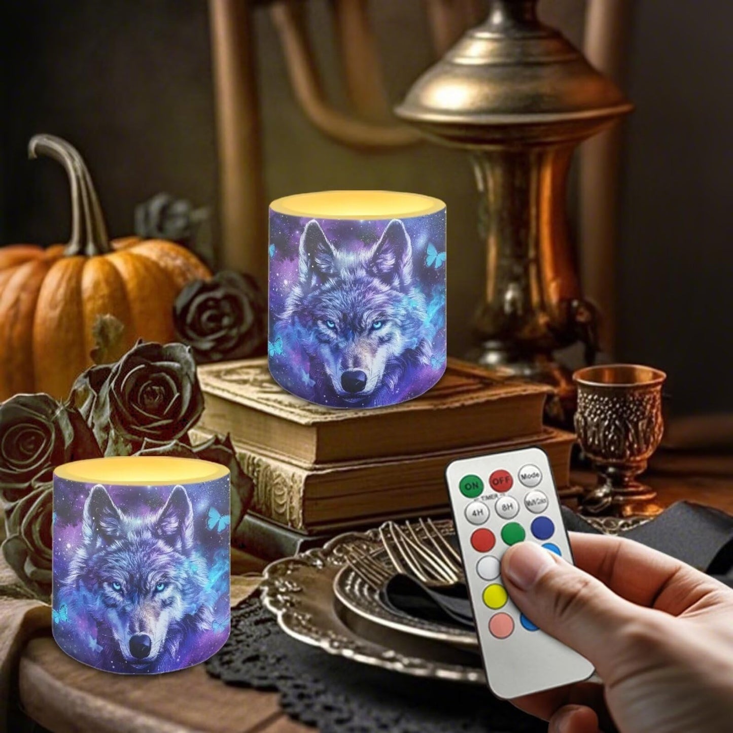 NETILGEN Flameless Candles with Remote Control Timer LED Pillar Candles Set of 4 Battery Operated Candles for Home Living Room Decor Blue Galaxy Wolf Print
