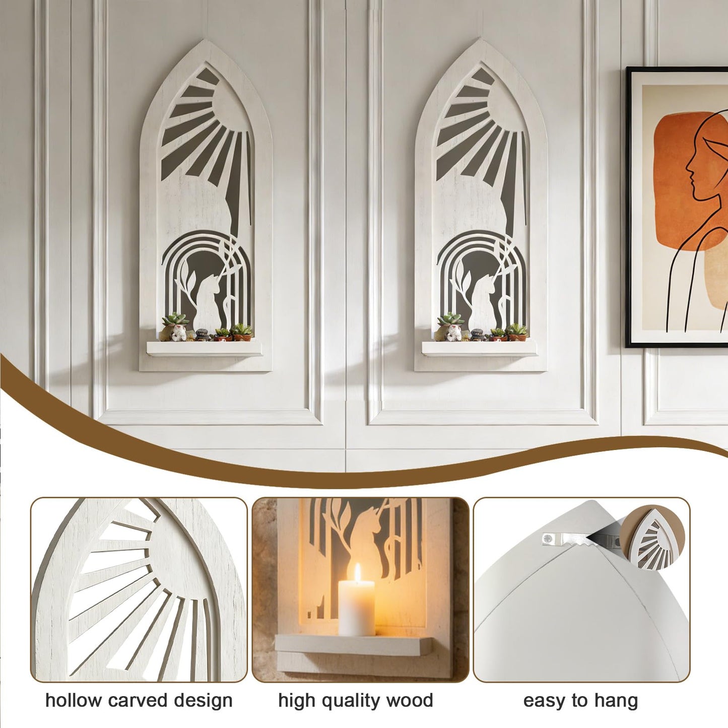 ZEXUIRU 2 Set Rustic Candle Sconces Living Room Bedroom Entryway Wood Mirrored, Farmhouse, Carved Frame Wall-Mount Wooden Candle Holders Wall Decor Hanging Handmade Holder - Distressed White