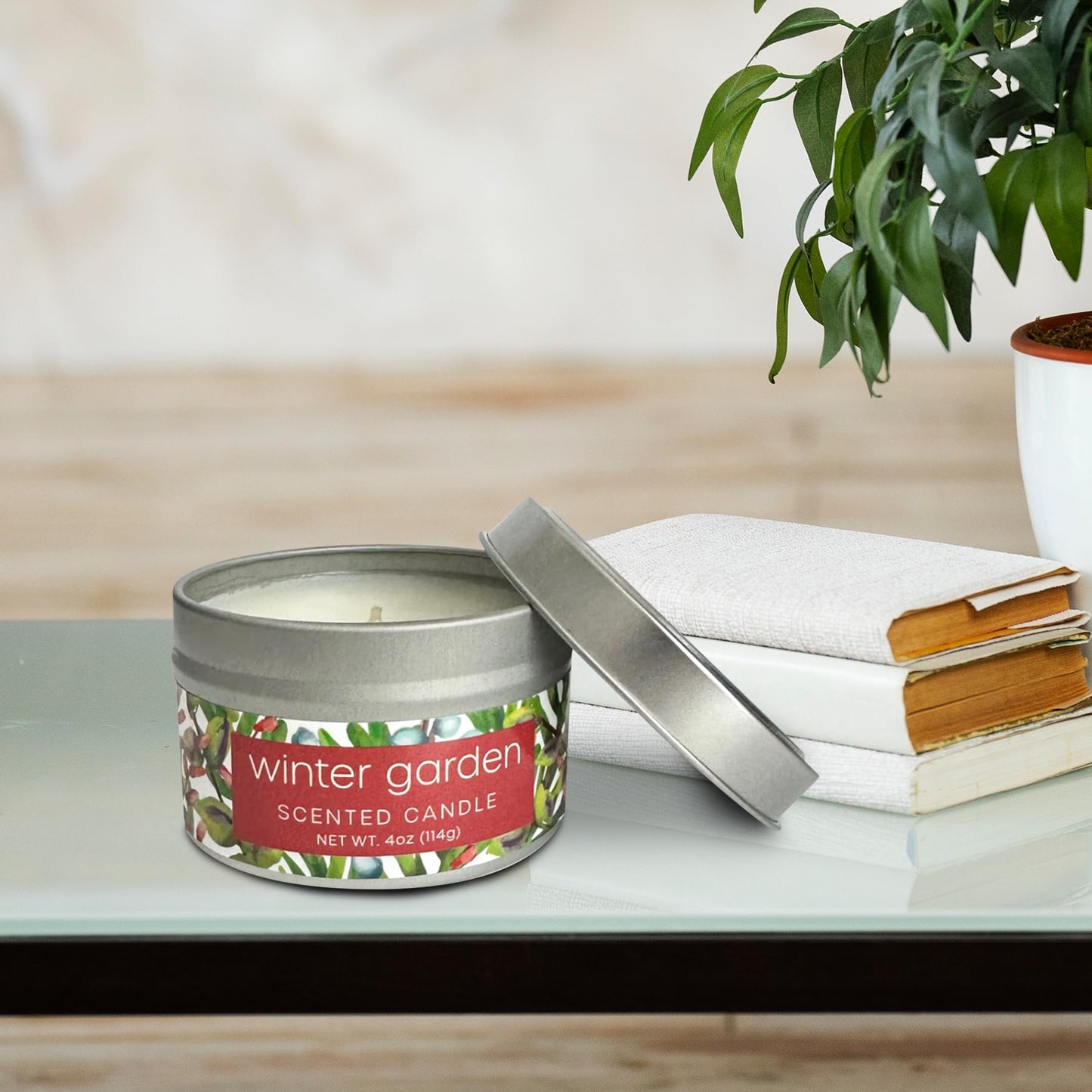 Greenwich Bay Hand-Poured Scented Candle in Decorative Tin – 4 oz/114 g Travel Candle with Lead-Free Wick, Vegetable Wax, Long-Burning Aromatherapy Gift, Single Wick – Made in USA (Winter Garden)