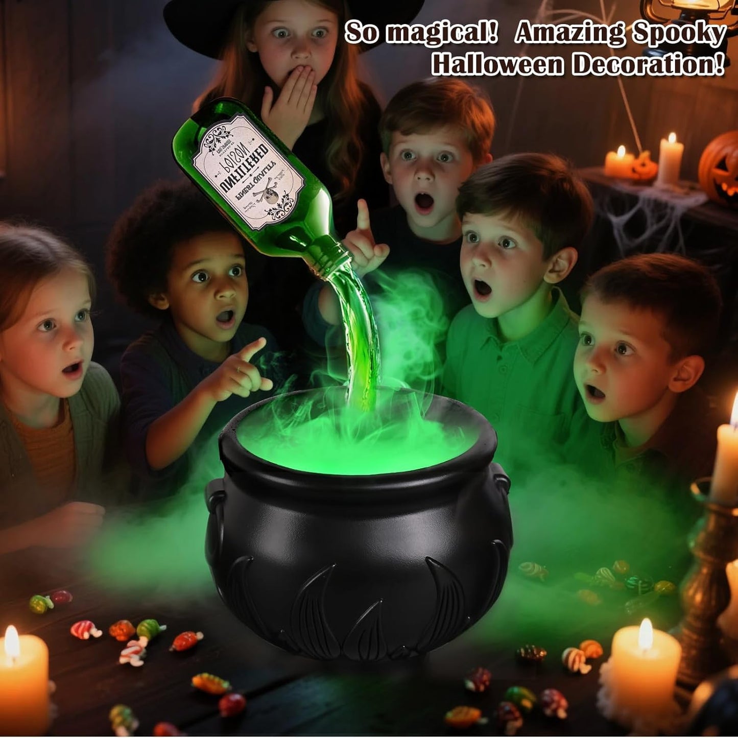 Halloween Decorations Indoor, Cauldron Halloween Decor with Magic Floating Potion Bottles and Diffuser - Black Witches Bowl Hocus Pocus Party Decoration for Spooky Home Kitchen Table (8in/20cm)