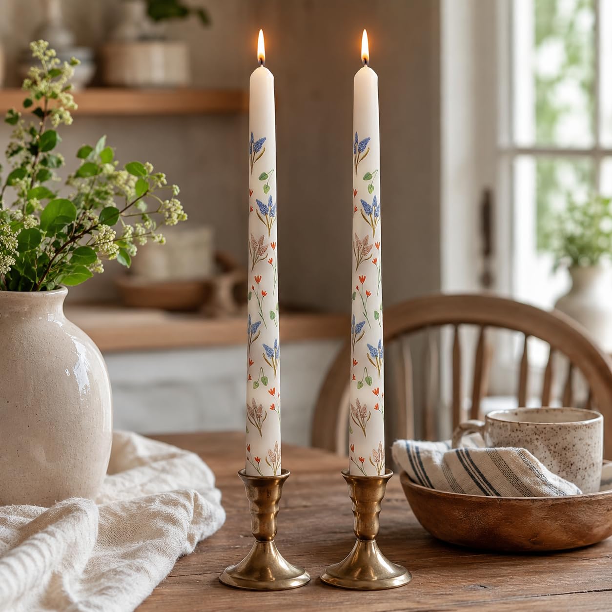 Hyacinth Printed Taper Candles Set of 2, 10 Inch Handmade Tapered Candles, Unscented Floral Candle Stick Style Candlesticks for Wedding Home Decor Gift