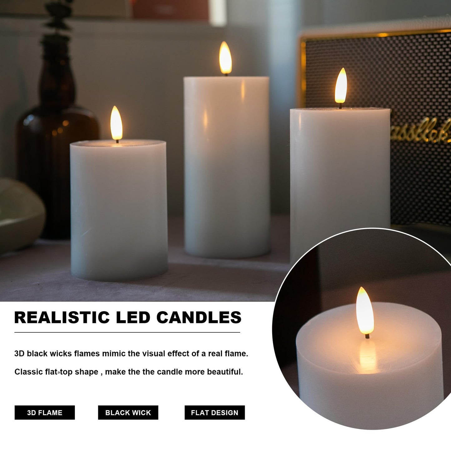 AFINETH White Flameless Pillar Candles, Battery Operated Wax Candles with Remote, Flat Top Flickering Flameless Candles, LED Candle for Home, Wedding, Party Decor, Set of 3, Φ 3" H 4" 5" 6"