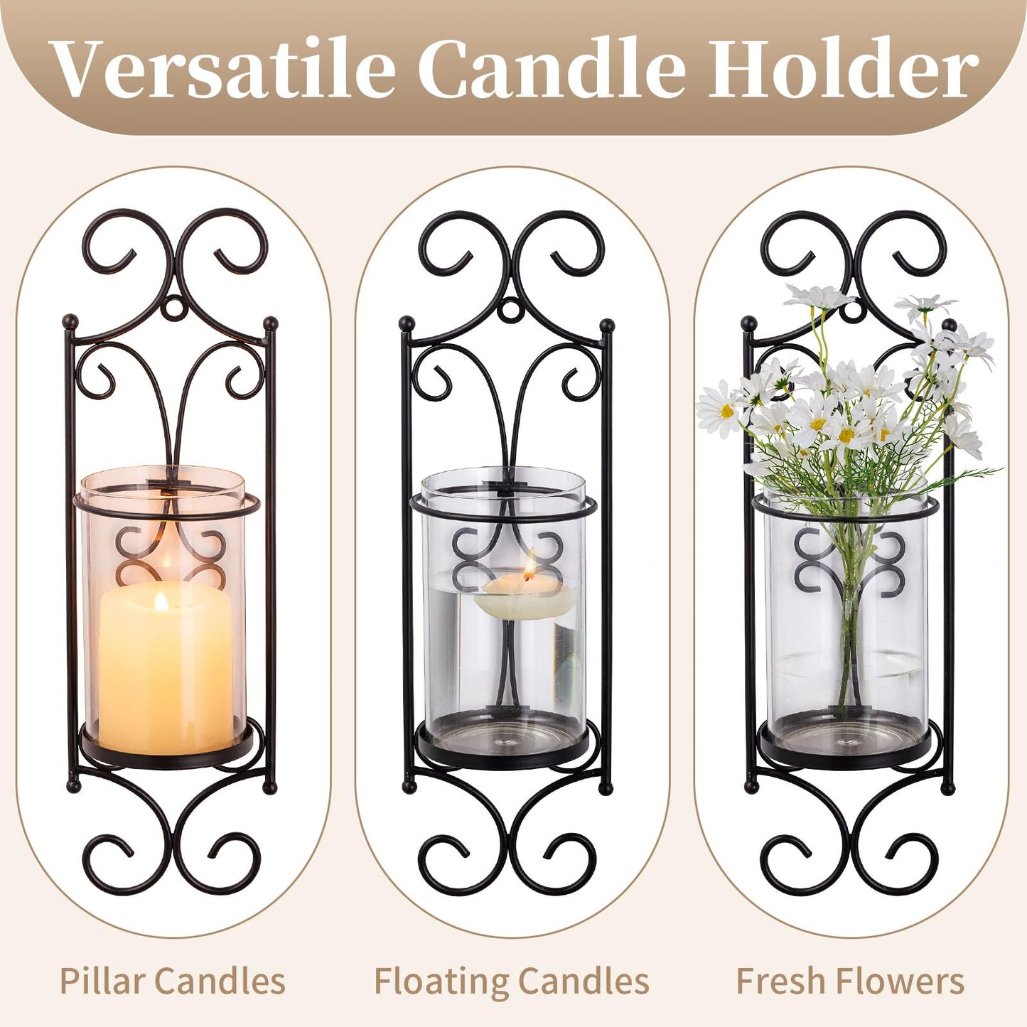 Sziqiqi Candle Sconces - Set of 2 Black Candle Holders for Pillar Contemporary Wall Decorations Sconce Decorative Metal Wall Art for Living Room Bedroom Bathroom Kitchen Dining Room