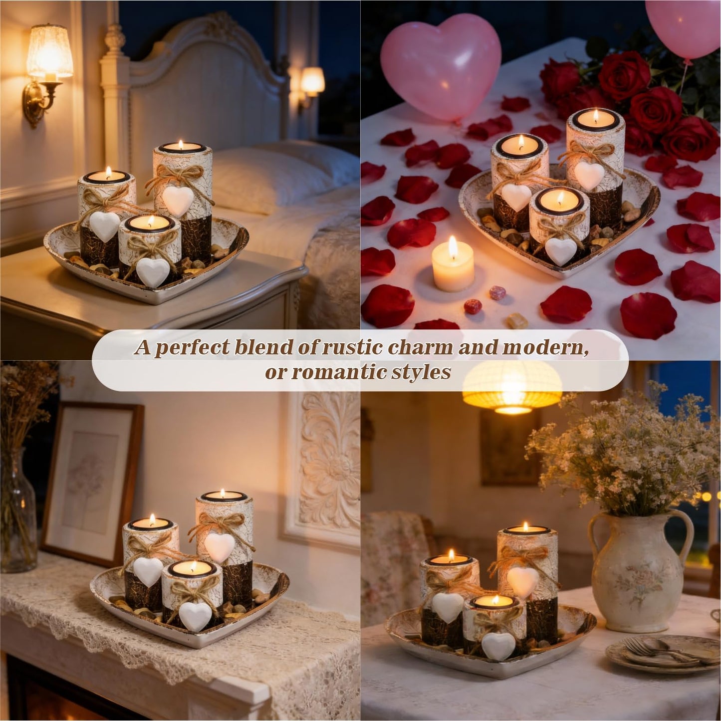 Wooden Tealight Candle Holders with Heart Tray, Rustic Farmhouse Candle Holders for Table Centerpiece Classic and Elegant Tea Light Holder Set for Valentines Day Wedding Anniversary Holiday Home Decor