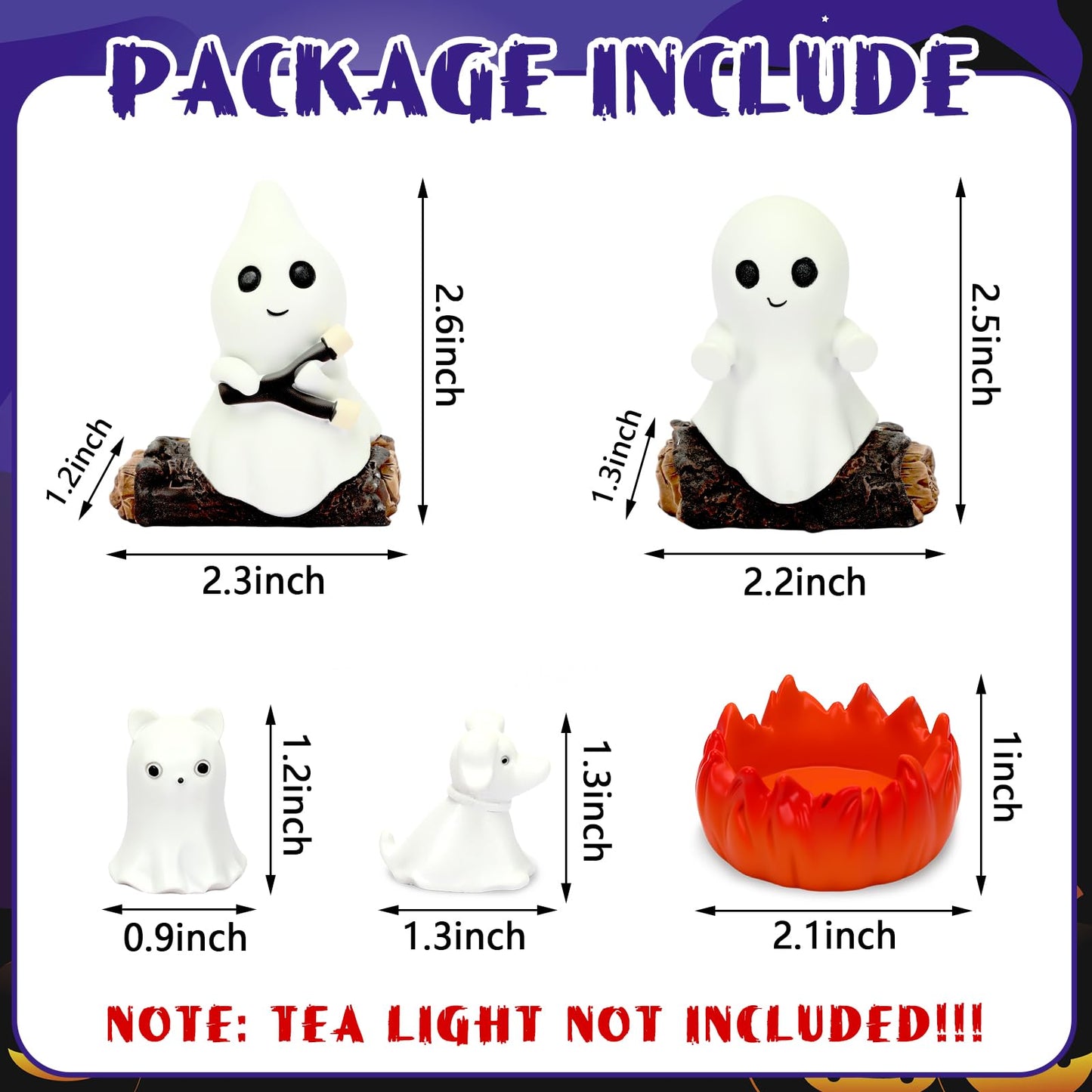 JULEASEL Glow-in-The-Dark Ghost Campfire Gathering, Cute & Cozy Halloween Ghost Figurine Set | 2 Ghosts, Ghost Dog, Ghost Cat and Tea Light Holder | Resin Ghost Statue for Home, Mantel, Shelf, Desk