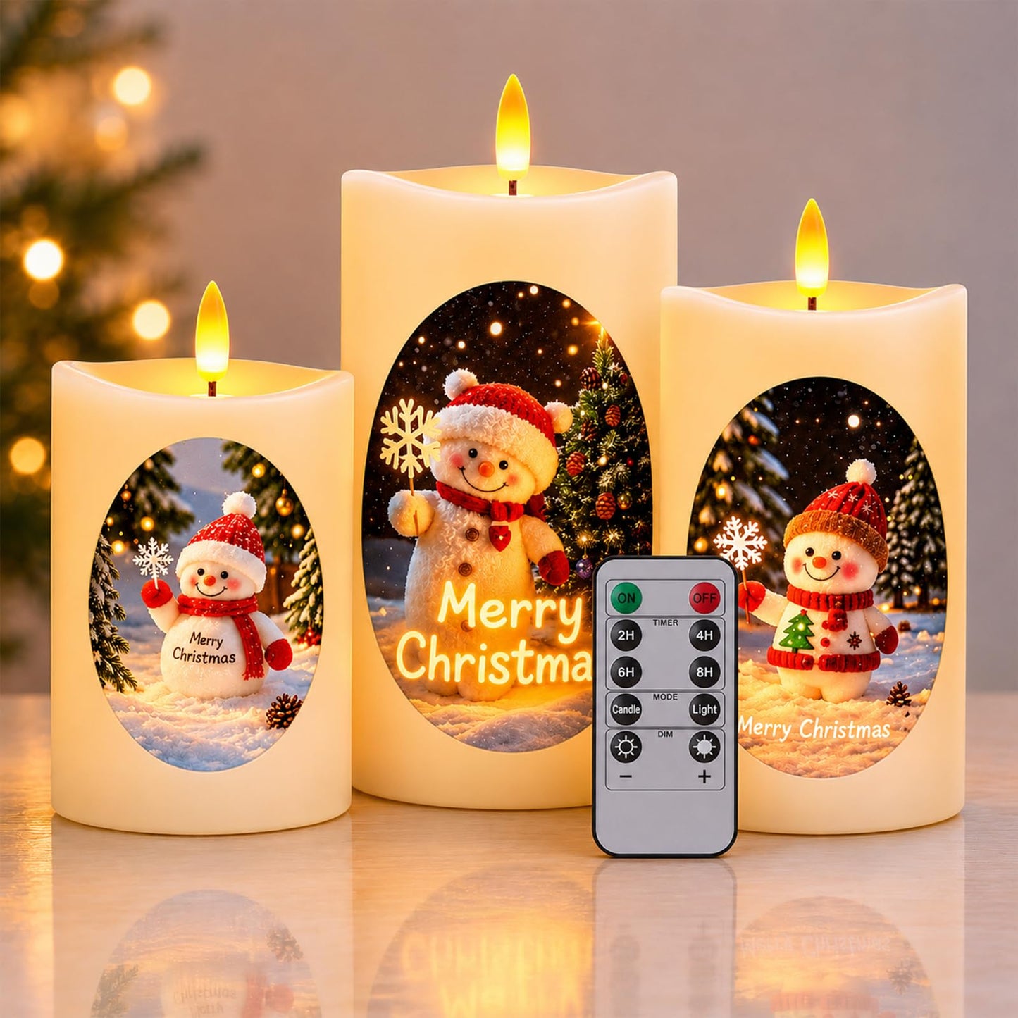 Tzgckui Flameless Candles, Battery Operated Led Flickering Flameless Candles 3 Pack for Christmas, White Cylindrical with Winter Scene, Remote Control & Timer, 4/5/6 Inch for Holiday Home Decor