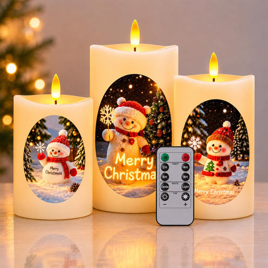 Tzgckui Flameless Candles, Battery Operated Led Flickering Flameless Candles 3 Pack for Christmas, White Cylindrical with Winter Scene, Remote Control & Timer, 4/5/6 Inch for Holiday Home Decor