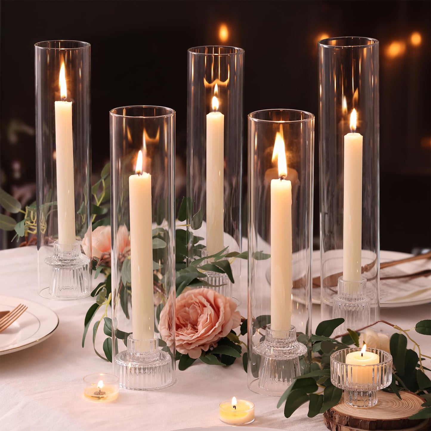 NITIME 3 Set Hurricane Glass Candle Holders for Taper Candles, Candlestick Holders with Windproof Glass Tubes(11.8"/12.6"/13.8" H), Taper Candle Holders for Table Centerpieces, Wedding, Party Decor
