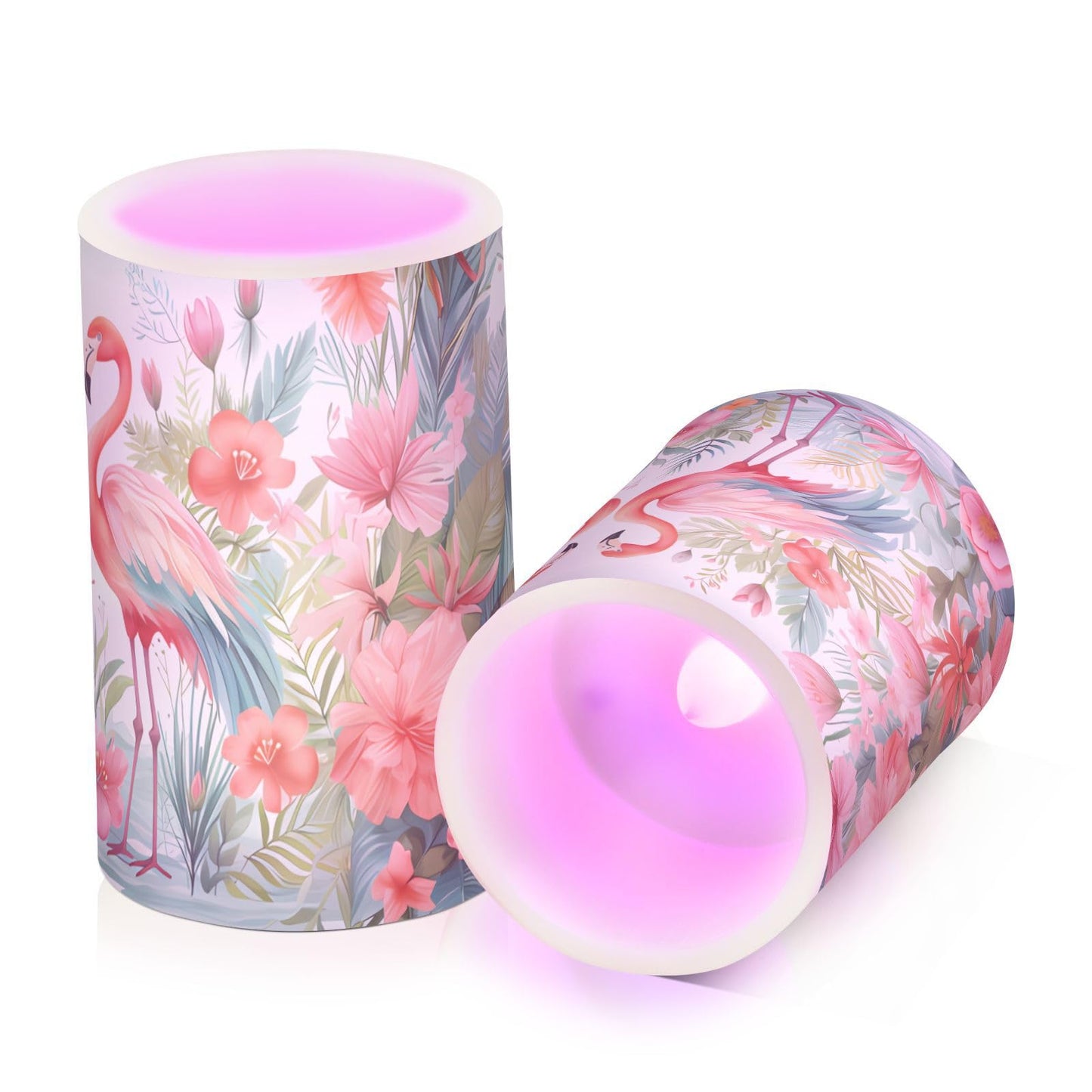 BOENLE Flickering Flameless Candles, Pink Flamingo Print LED Candles with Remote Timer, Set of 2 Battery Operated Candle for Valentine Wedding Birthday
