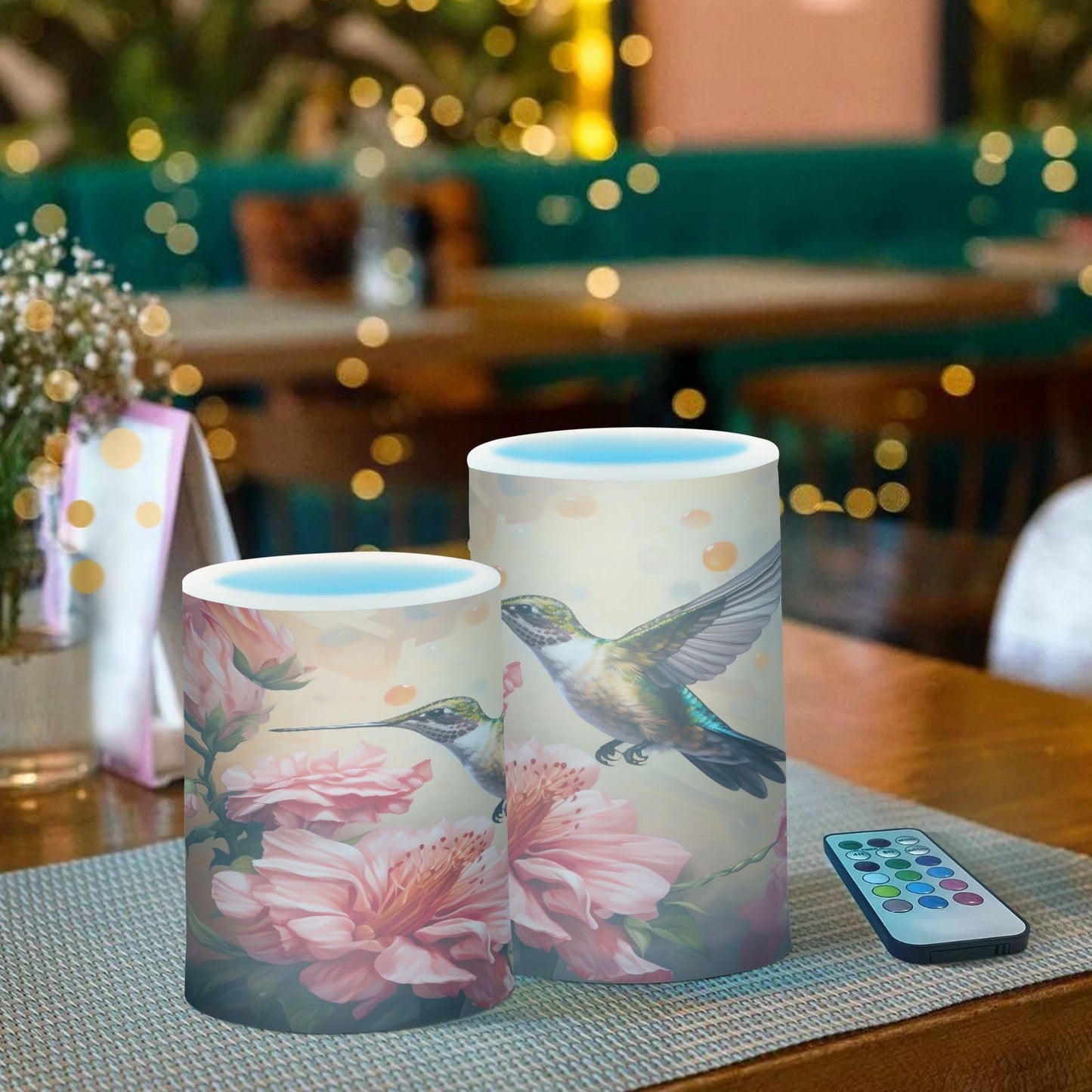 senya Lights Flameless Candles Spring Pink Flower Hummingbird Pillar Candles Set of 2 Battery Operated Remote Control Warm Lights Home Decor
