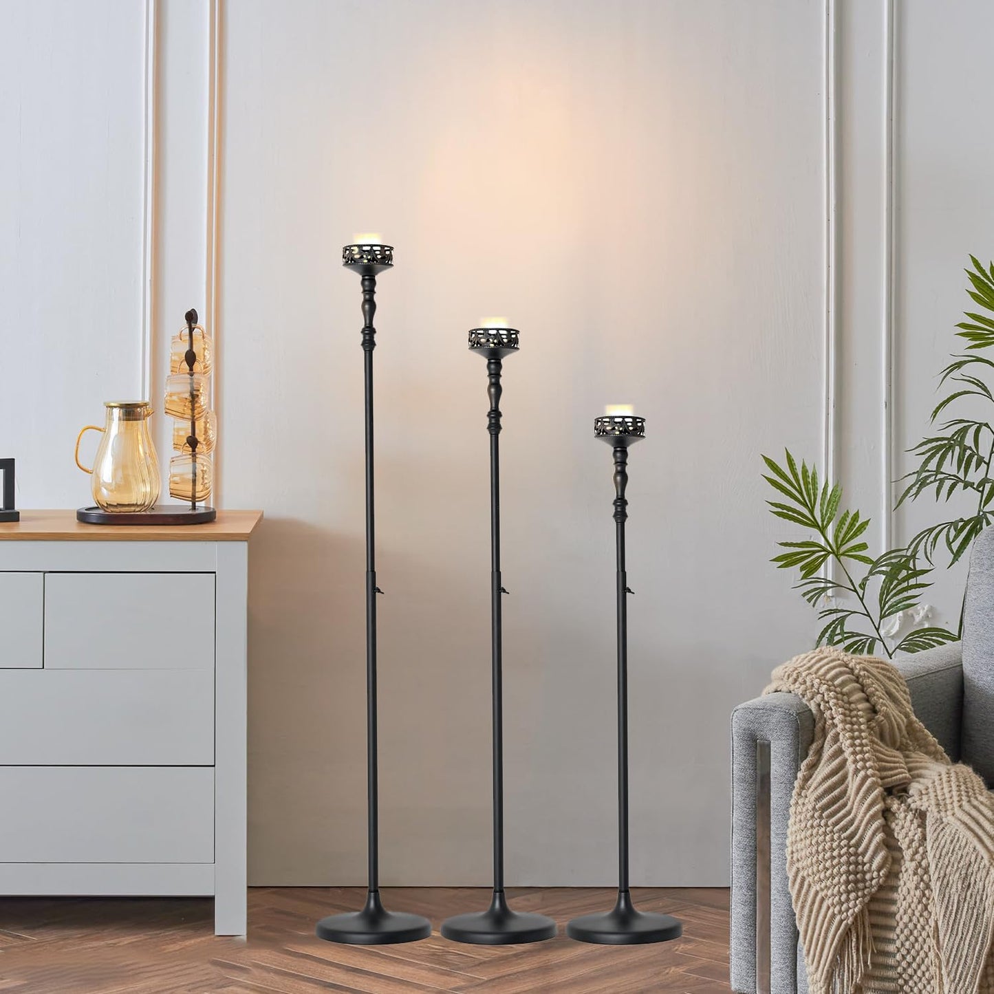 Floor Candle Holder Centerpieces for Tables,3Pcs Black Candle Holder for Pillar Candles Matte Metal Candlestick Set for Wedding Party Home Candles Holder for Ceremony Mantel Decor (Adjustable Height