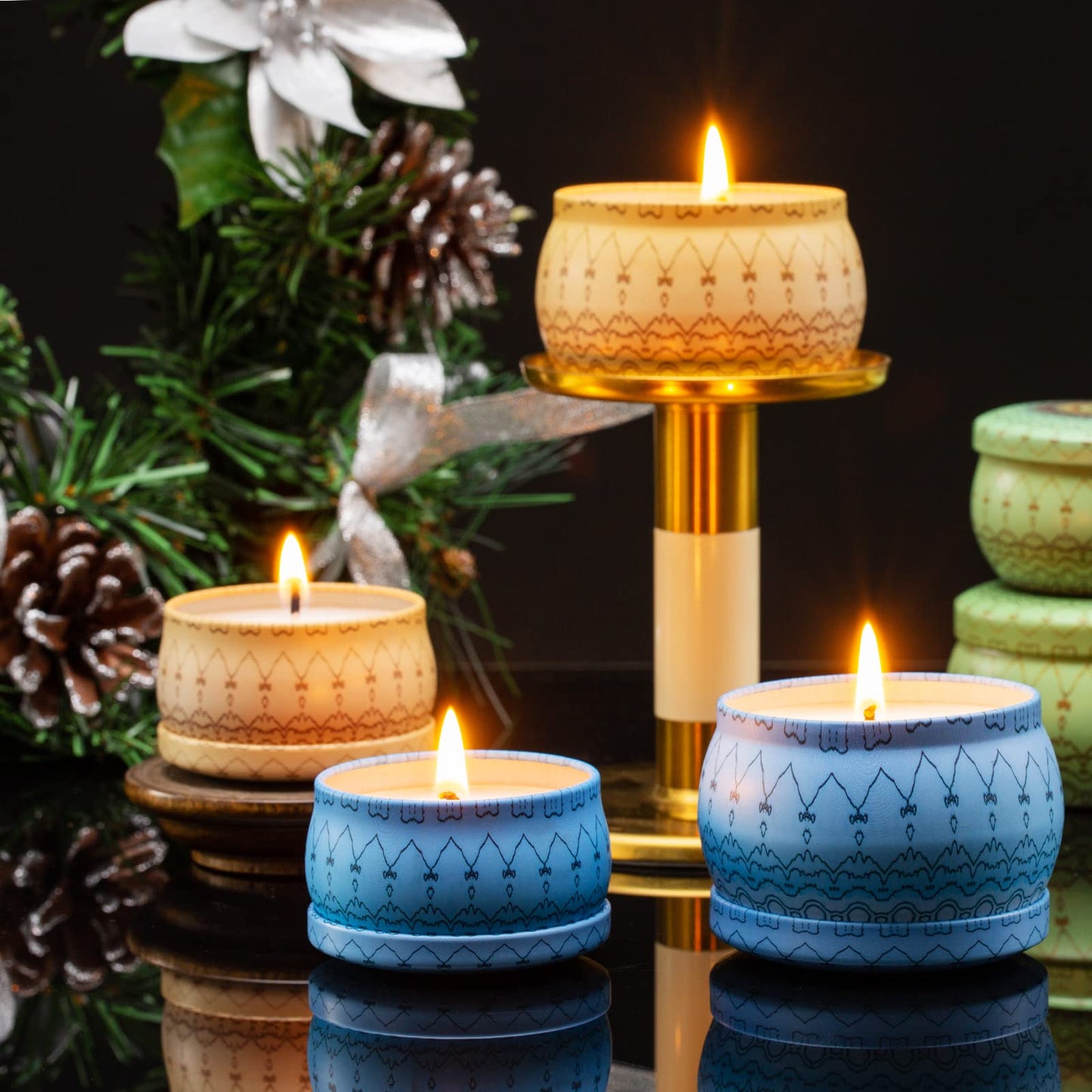 Domivirgo Candle Tins with Lid,16pcs 8 Designs Tinplate Cans with Wicks, Wick Holders, Wick Stickers for Candle Making(2.5oz X 8 PCS &4.5oz X 8 PCS)