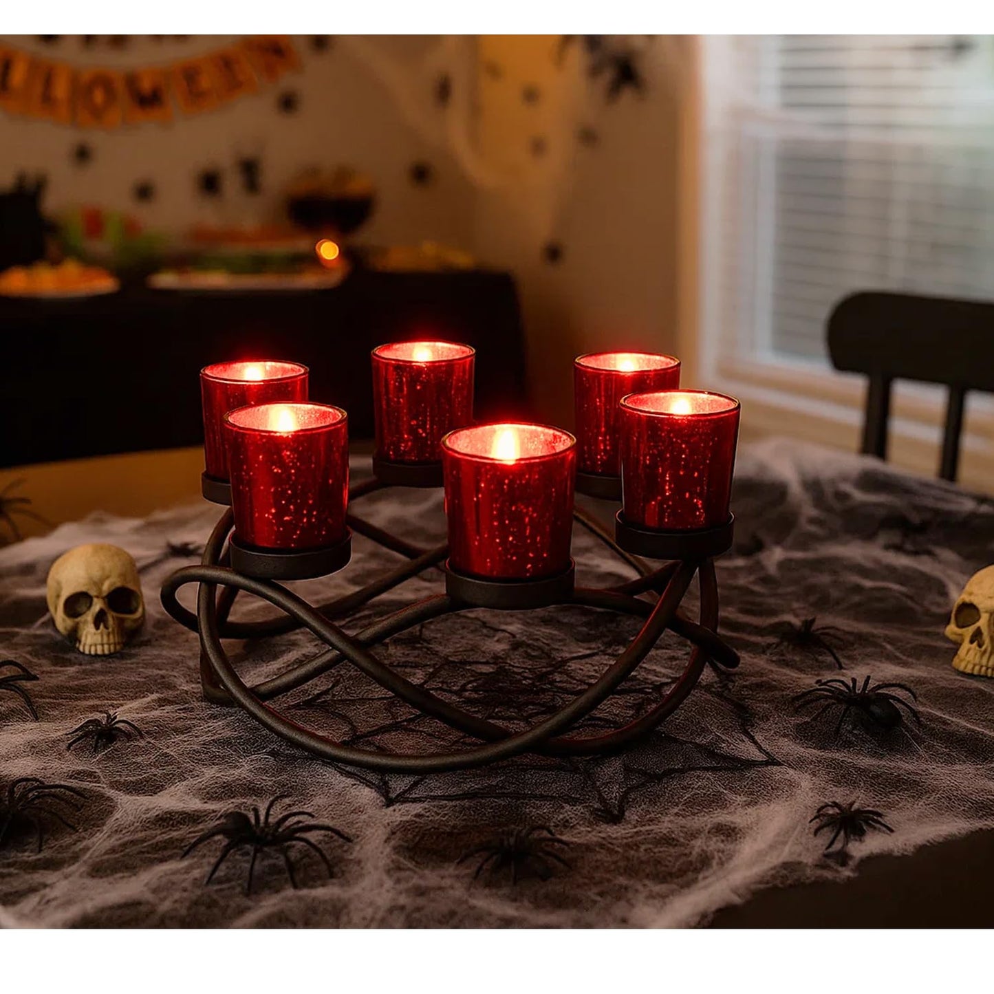 Seraphic Centerpieces for Table Decorations - Round Candle Holders for Outdoor Patio, Dining, Kitchen, Coffee & Wedding Table Decor, Black Iron Candelabra, 6 Red Glass Votive Tealight Cups
