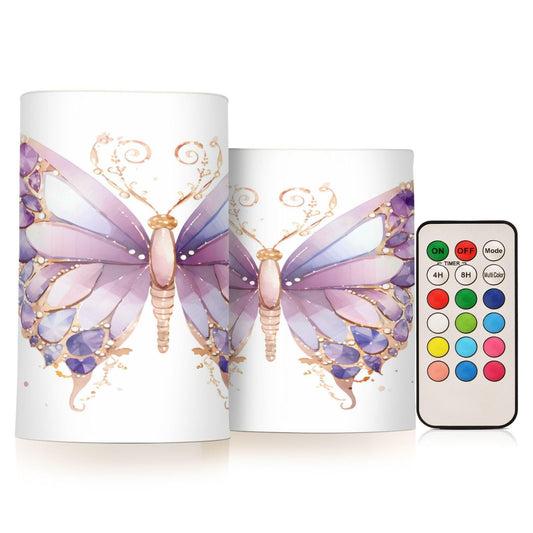 ALAZA Purple Butterflies Flickering Flameless Candles Battery Operated with Remote Timer,Tea Light Candles LED Pillar Votive Candles Set of 2 for Outdoor Indoor Decorations