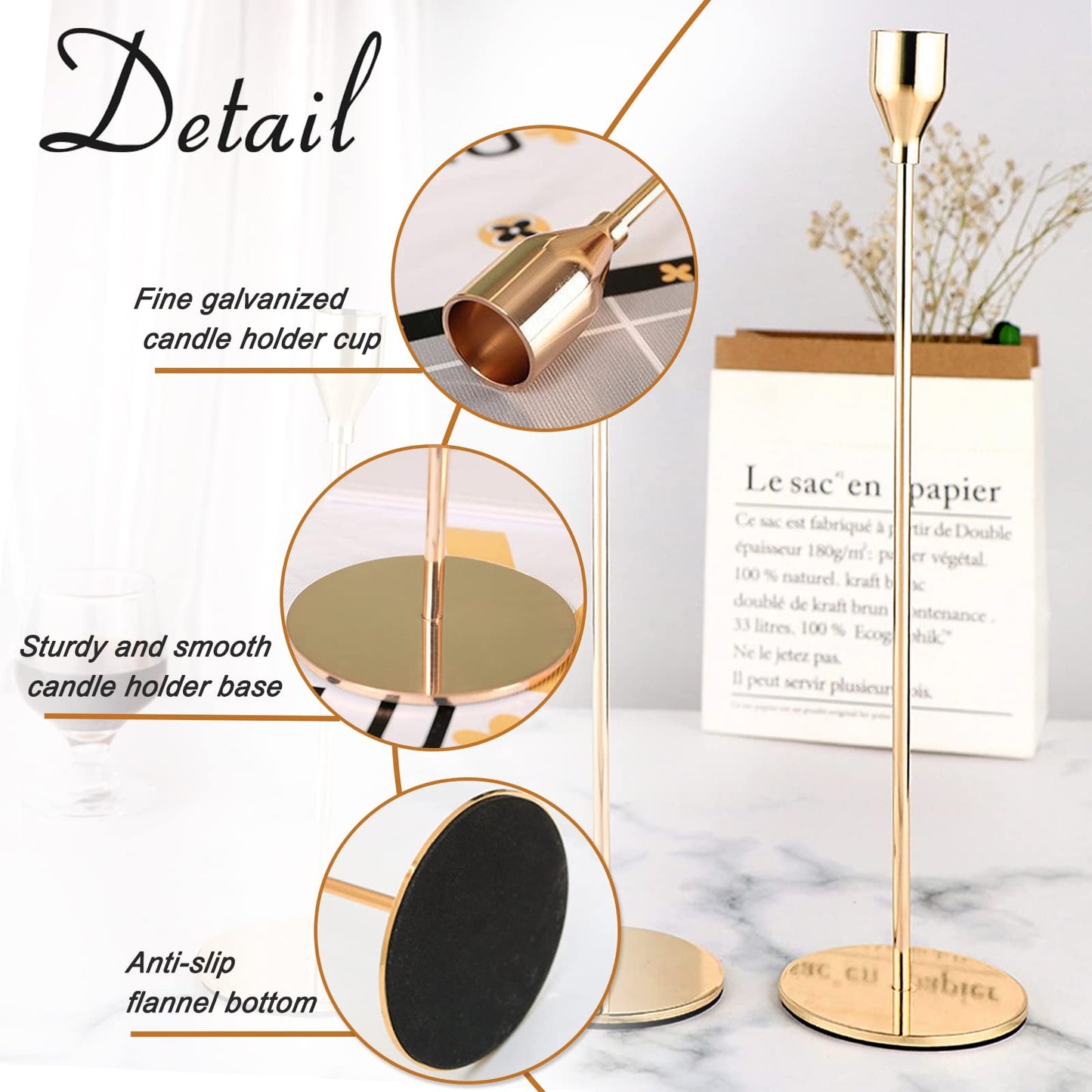 6Pcs French Honey Gold Candlestick Holders, Tall Taper Candelabra Stands fits 3/4 inch Thick Pillar Candle Stick, Elegant Decor Set for Table Centerpiece, Floor, Fireplace as Date, Festival, Fitting.