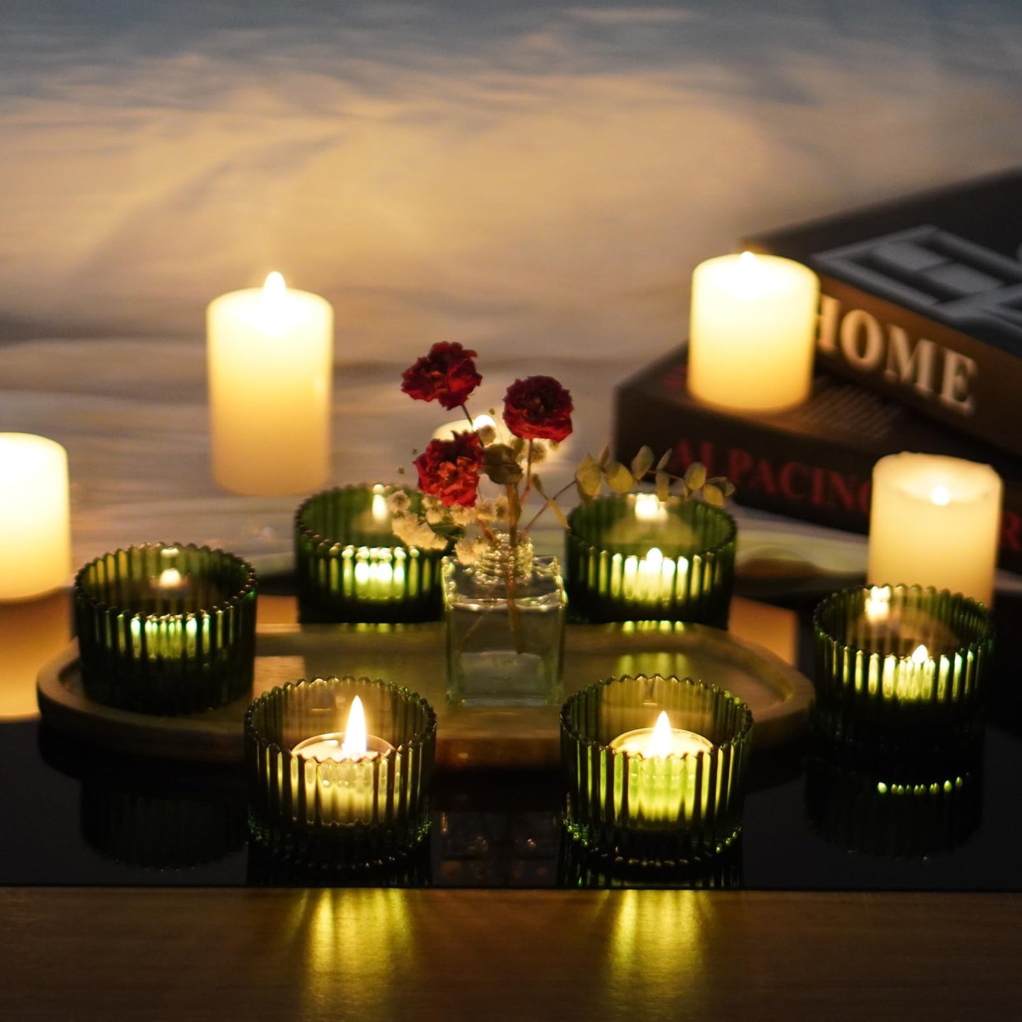 Jollyhilan 6 Pack Glass Candle Holder,Round Glass Candle Tray Ribbed Tealight Holders for Votives, Floating Candles Table Centerpieces Wedding Home Decor,Green