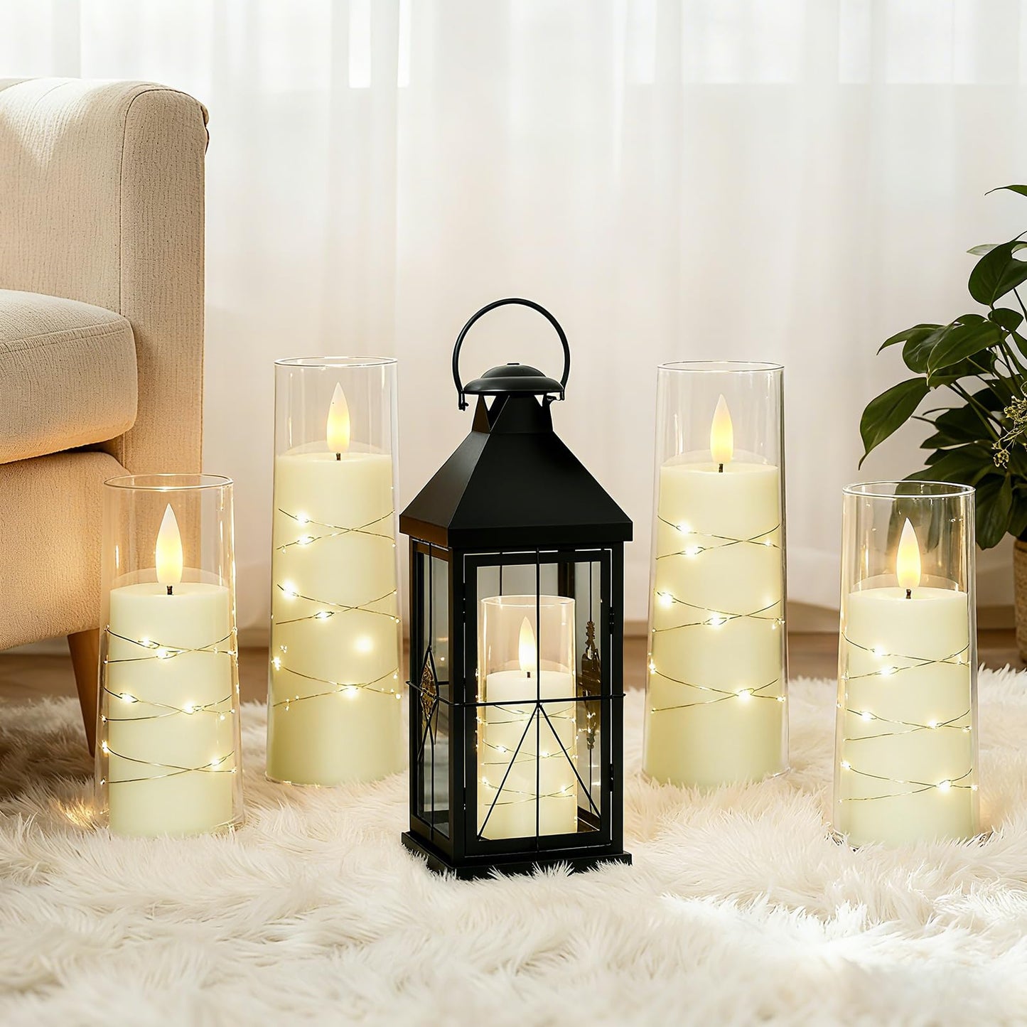 Raycare Flameless Candle with Remote Timer – 5 Flickering Acrylic Battery Operated LED Pillar Candles with Embedded Star String for Halloween, Home Decor, and as a Gift(Ivory)