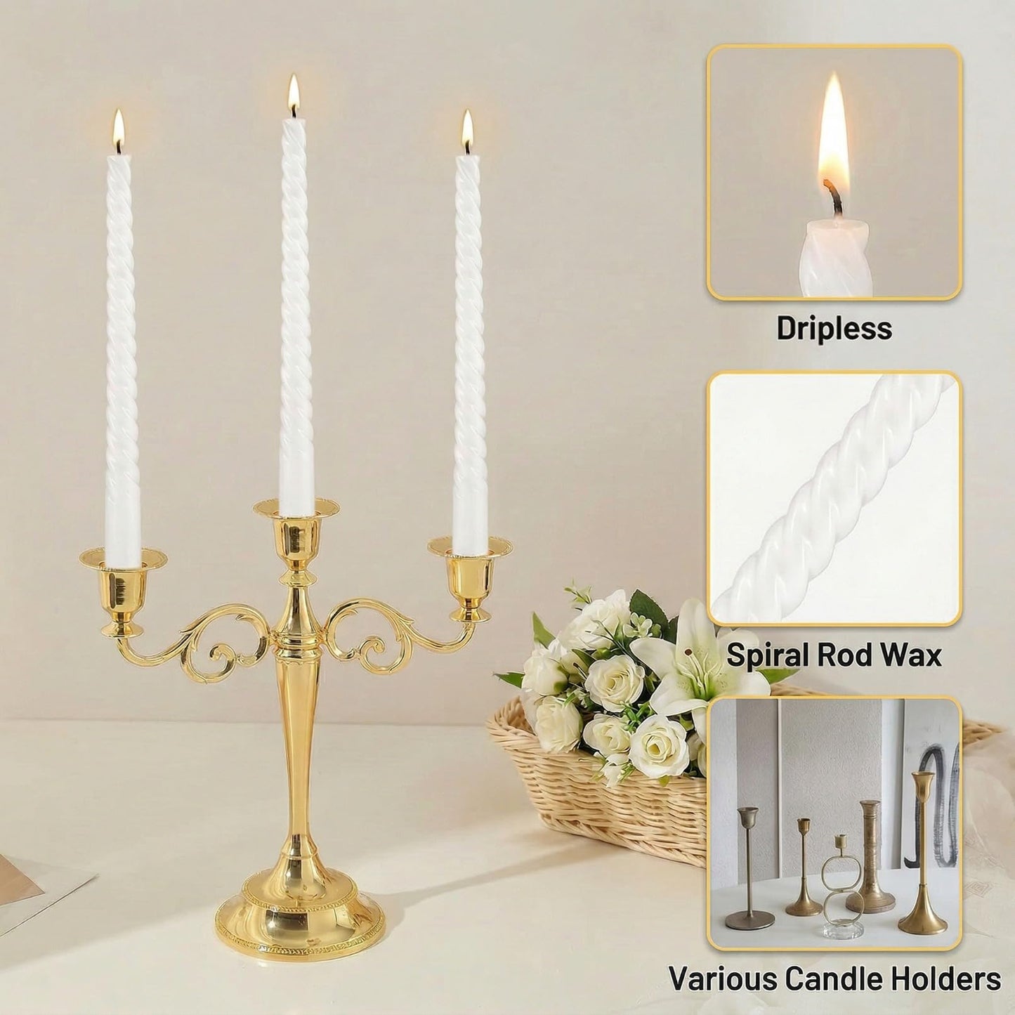 Bgtecho 12 Pack Spiral Taper Candles, 10 Inch White Tall Twisted Candlesticks, Dripless Unscented Thin Candle, Long Burning Smokeless Candles for Wedding Dinner Party Home Decor