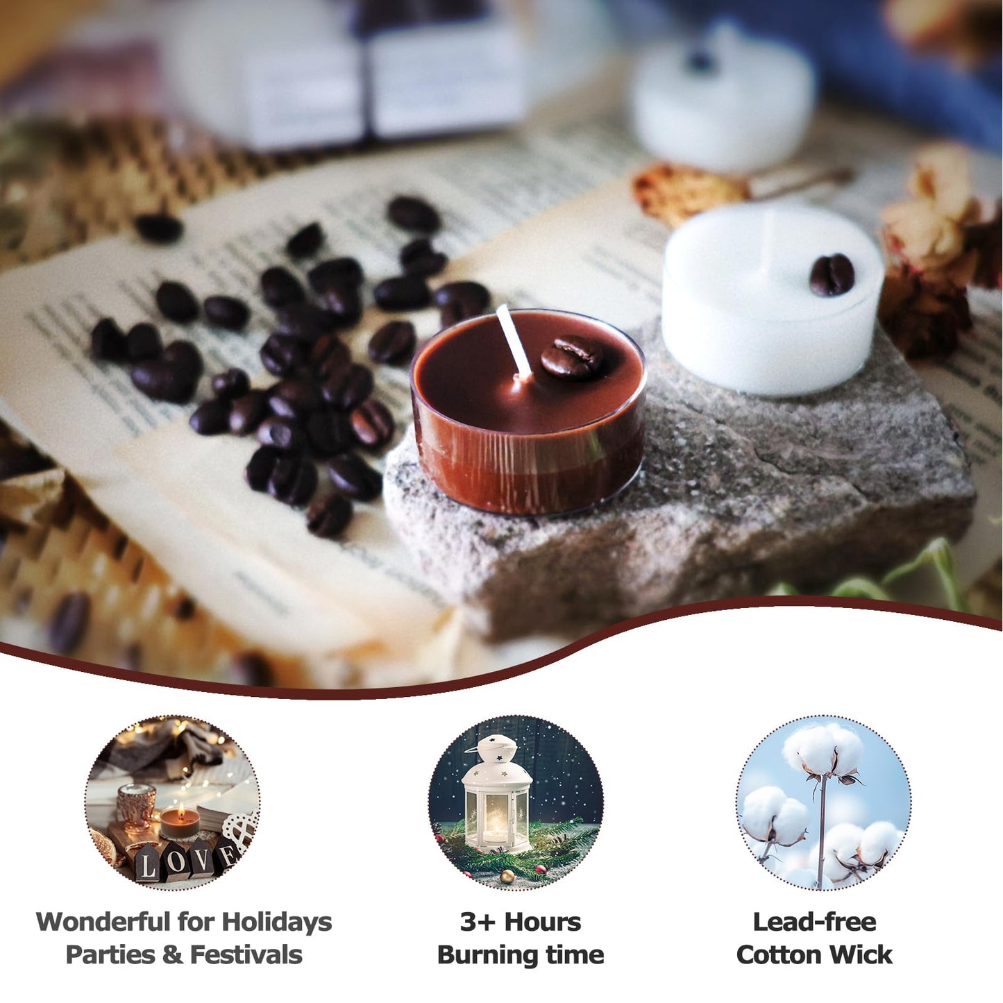 Coffee Scented Tea Lights - 4-Pack Beeswax Soy Wax Candles, White & Brown with Real Coffee Bean Decoration, Long-Lasting, Perfect for Relaxation and Gifts