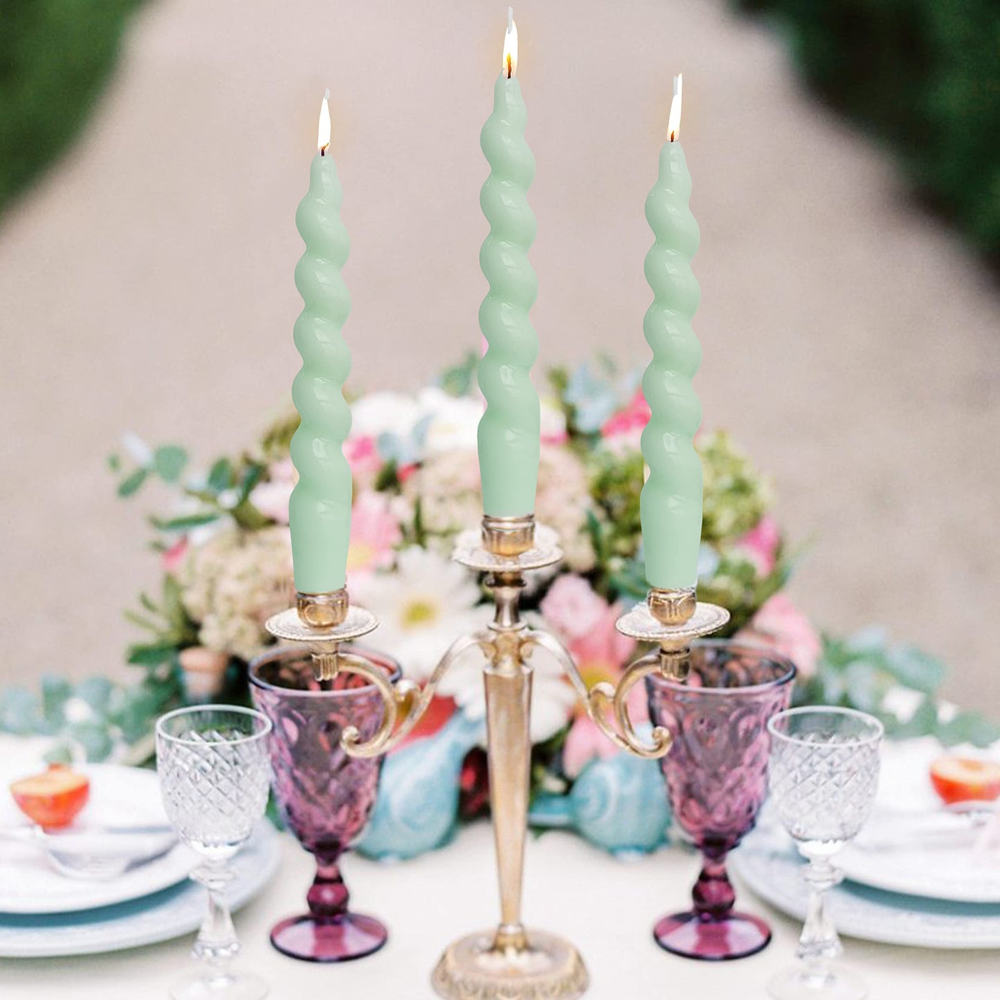 Spiral Taper Candles Set of 2 – 7.5 Inch Candle Stick, Light Green Handmade Twisted Candles Unscented Tapered Candles for Wedding Dinner Home Decor Gift
