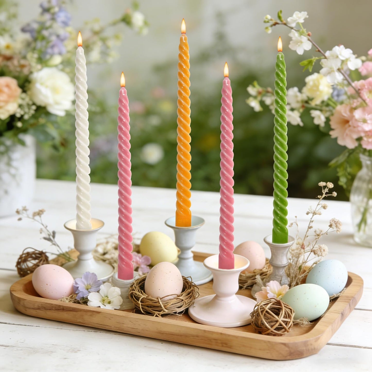 Whaline 8 Pcs Spiral Taper Candles White Pink Orange Green Dripless Twisted Wax Candles 10 Inch Long Unscented Candle Sticks for Spring Holiday Dinner Party Wedding Home Kitchen Table Decor