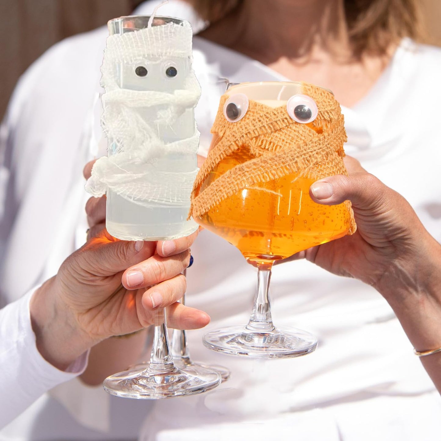 Candle Halloween Mummy Wine Glass Decorations, Summerween Orange and White Party Glasses with Googly Eyes, Spooky Candle Set, 2 Pack