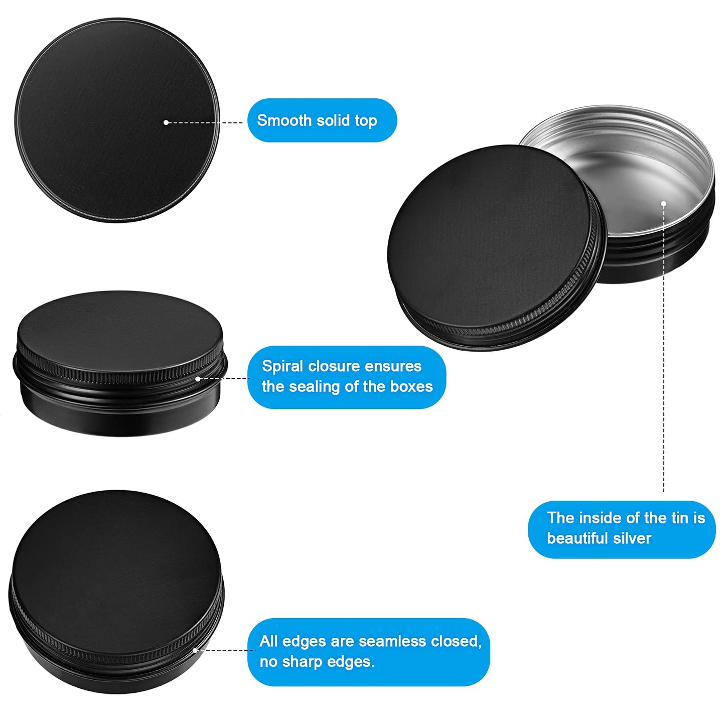 Patelai 2 oz Black Metal Round Tins Aluminum Tin Cans Salve Tins Containers with Screw Lid 10 Sheets Stickers for Salve Spice Candies Balms Candles, 36 Pack (Classic Style)