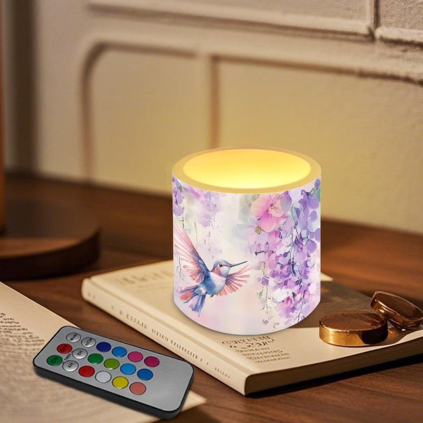 Merkmak Battery Operated Flameless Candles with Remote and Timer Flameless LED Pillar Candles Floral Hummingbird Tealights for Banquet, Home Decorations