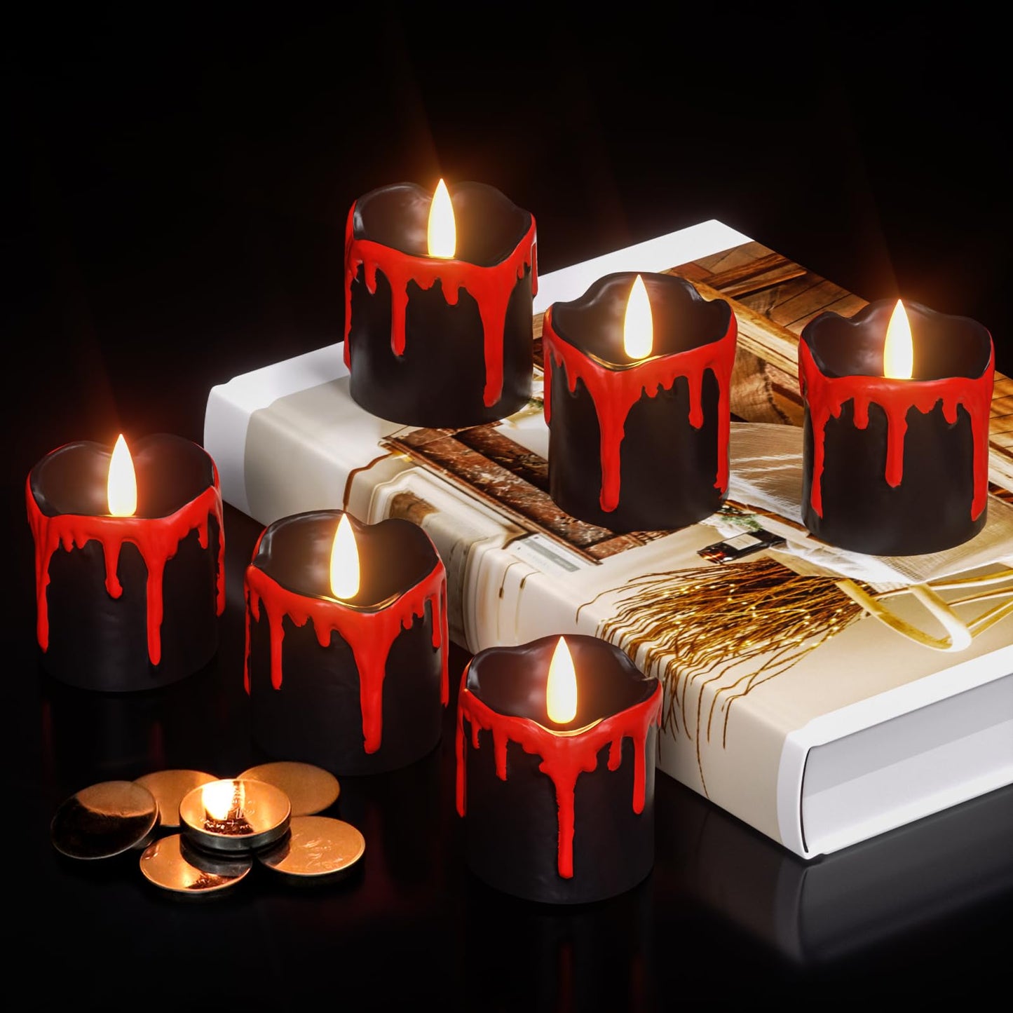 KunSwenn Halloween Black Votive Candles Battery Operated with Long Lasting CR2450 Batteries, LED Flameless Flickering Candles with 6H Timer, 6Pcs Black and Red Drip Wax Candle Gothic Home Decor