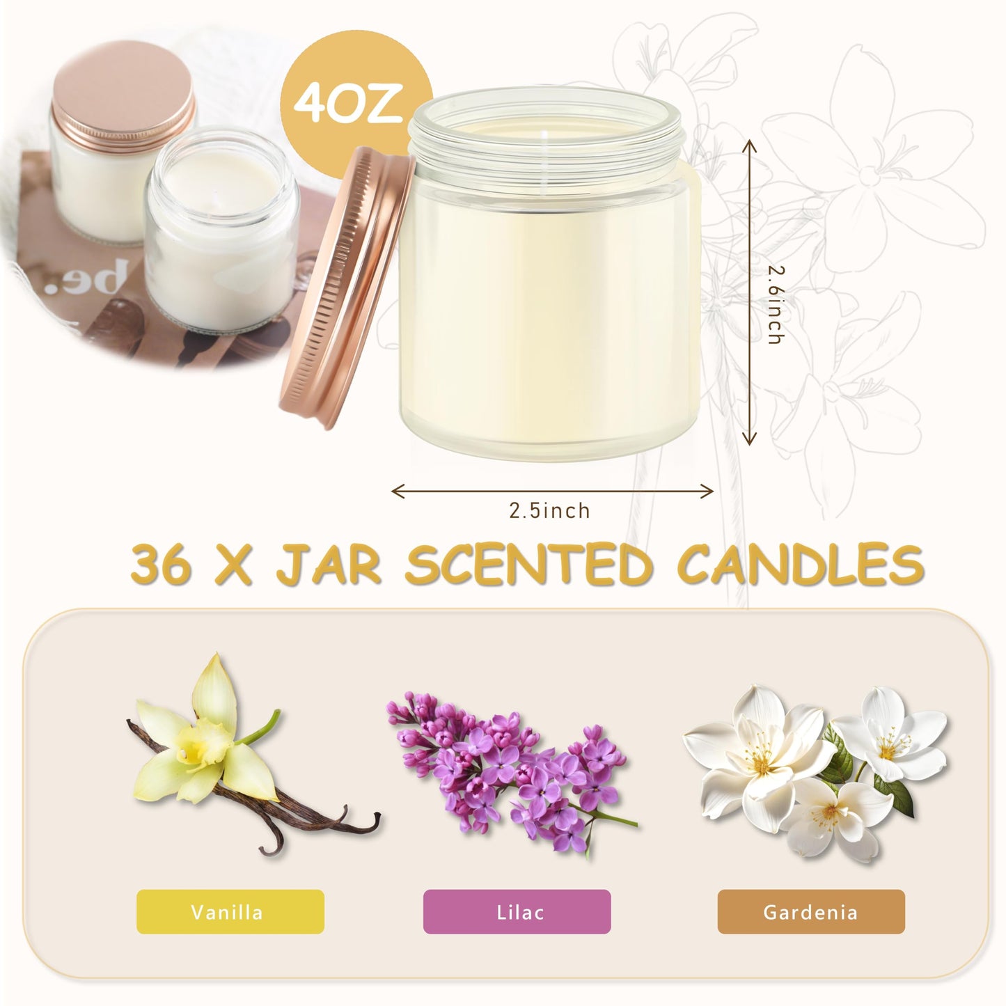 ACITHGL 36 Pcs 4oz Mini Mason Jar Candles Small Scented Candles Bulk Aromatherapy Ideal Souvenir Favors for Wedding Birthday Party (Vanilla, Lilac, Gardenia, Pink)