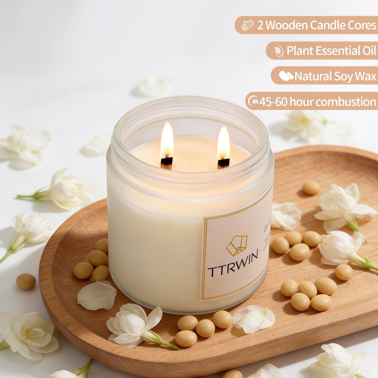 TTRWIN Scented Candle Gifts for Women, 2 Wooden Wick Natural Soy Wax Jar Candles, Home Aromatherapy Candles for Cosy Living Room and Bedroom, Gifts for Christmas Birthday Mother's Day
