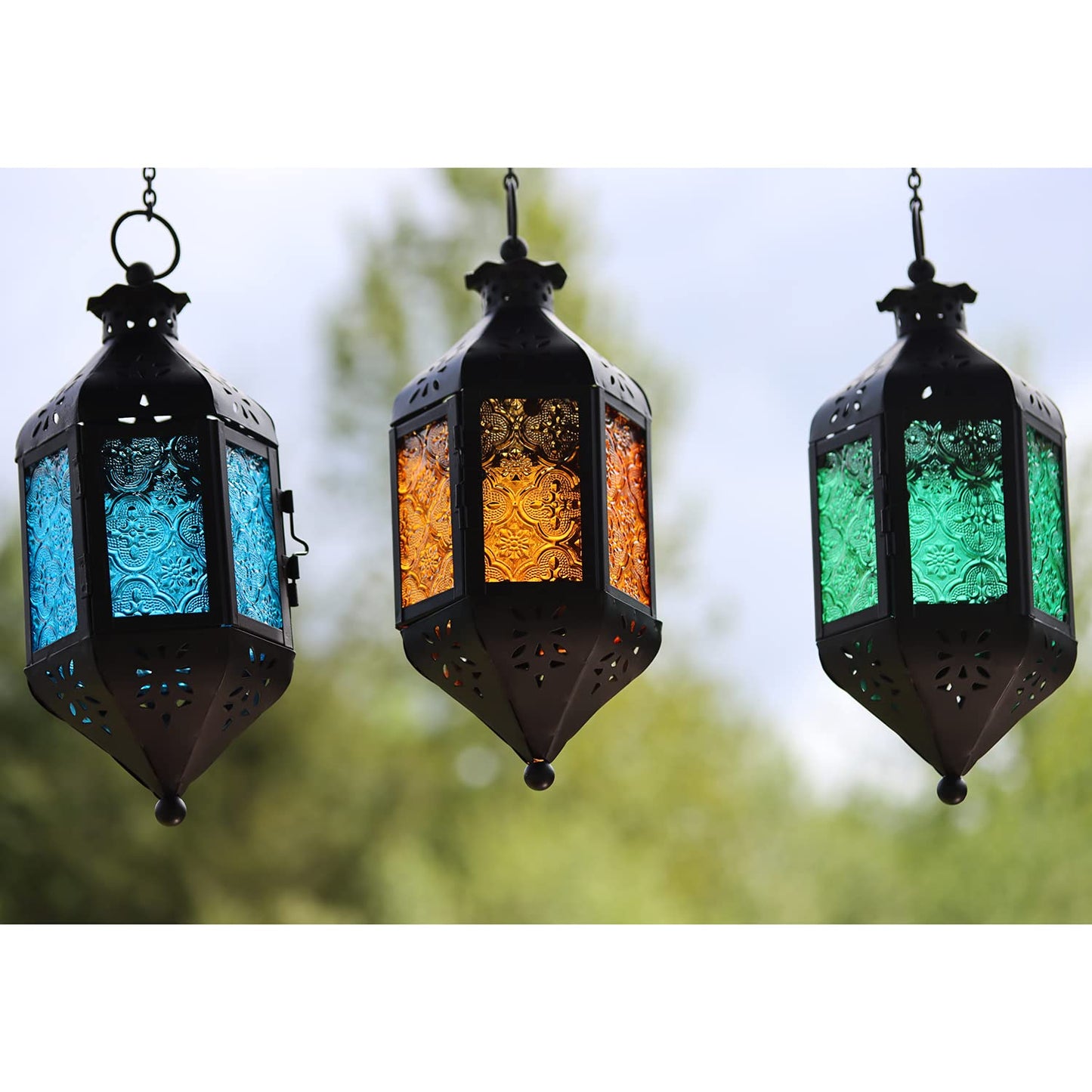 Vela Lanterns Hanging Moroccan Lamp - Exotic Decorative Patio & Porch Decor, Indoor Outdoor Tea Light Candle Lantern Holder with Chain (11" Medium, Blue/Green/Amber Glass, 3-Pack)