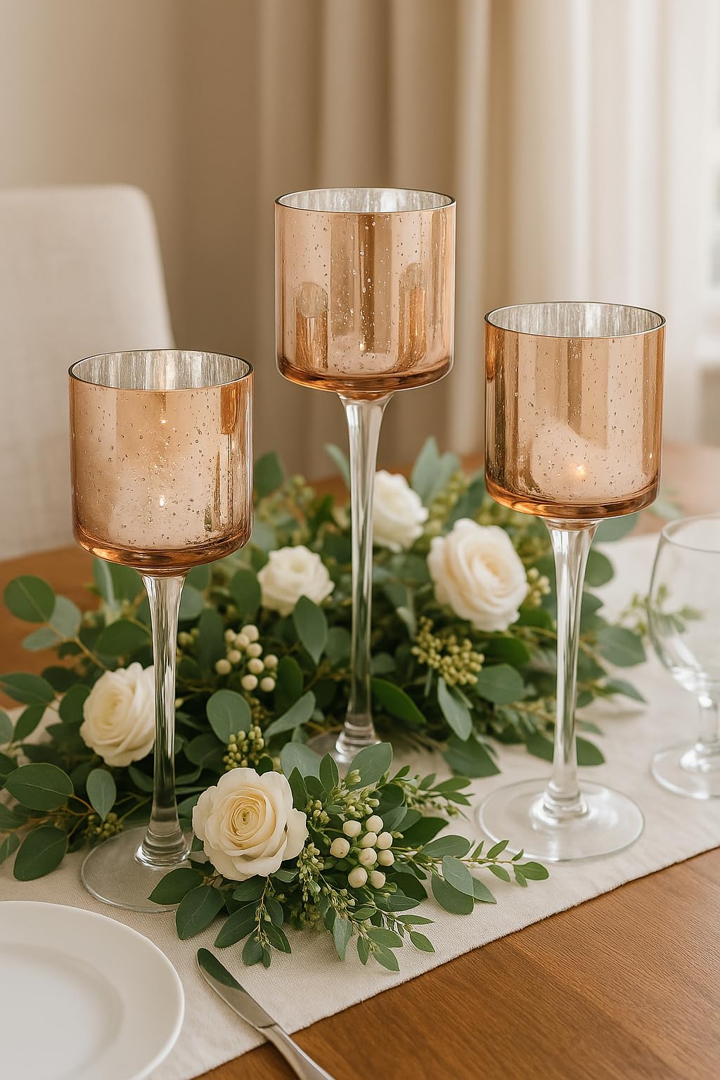 Koyal Wholesale Rose Gold Candle Holder Set of 3, Long Stem Candle Holders, Rose Gold Glass Floating Candle Holders, Tall Gold Tea Light Holders for Table Centerpiece, Tall Tealight Candle