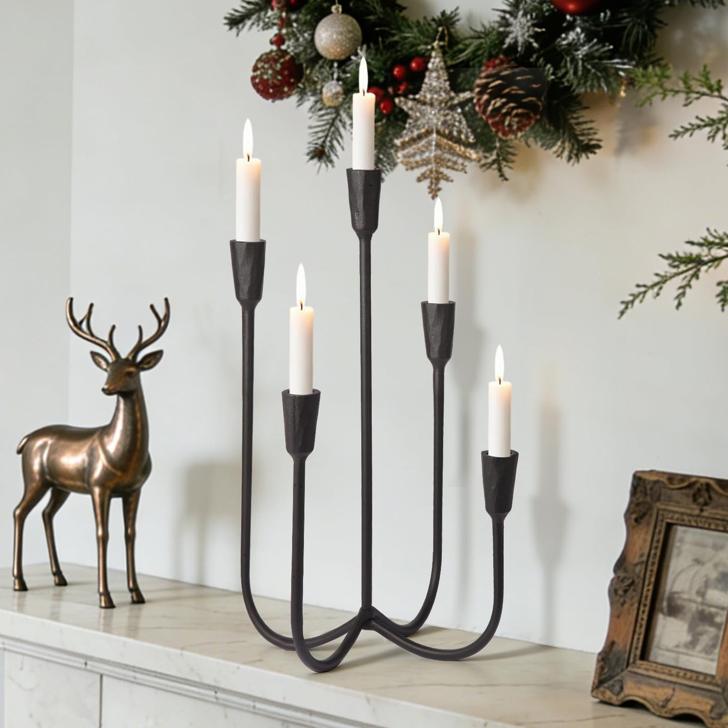 Mofunci Cast Iron 5-Candle Candelabra Centerpieces for Tables, Black Candle Holders Wedding Event 17.6 inch Tall Hand-Forged Candlestick Holders for Dining Room, Living Room or Mantel