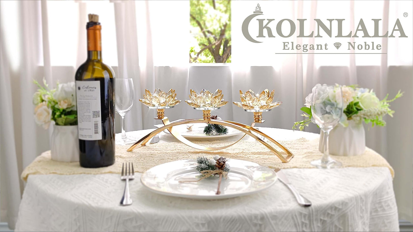 Tabletop Flower Crystal Candelabra with 3arm,Decorative Crystal Lotus Flower Candle Holder,Table Décor for Pillar candle1.5''(Gold)