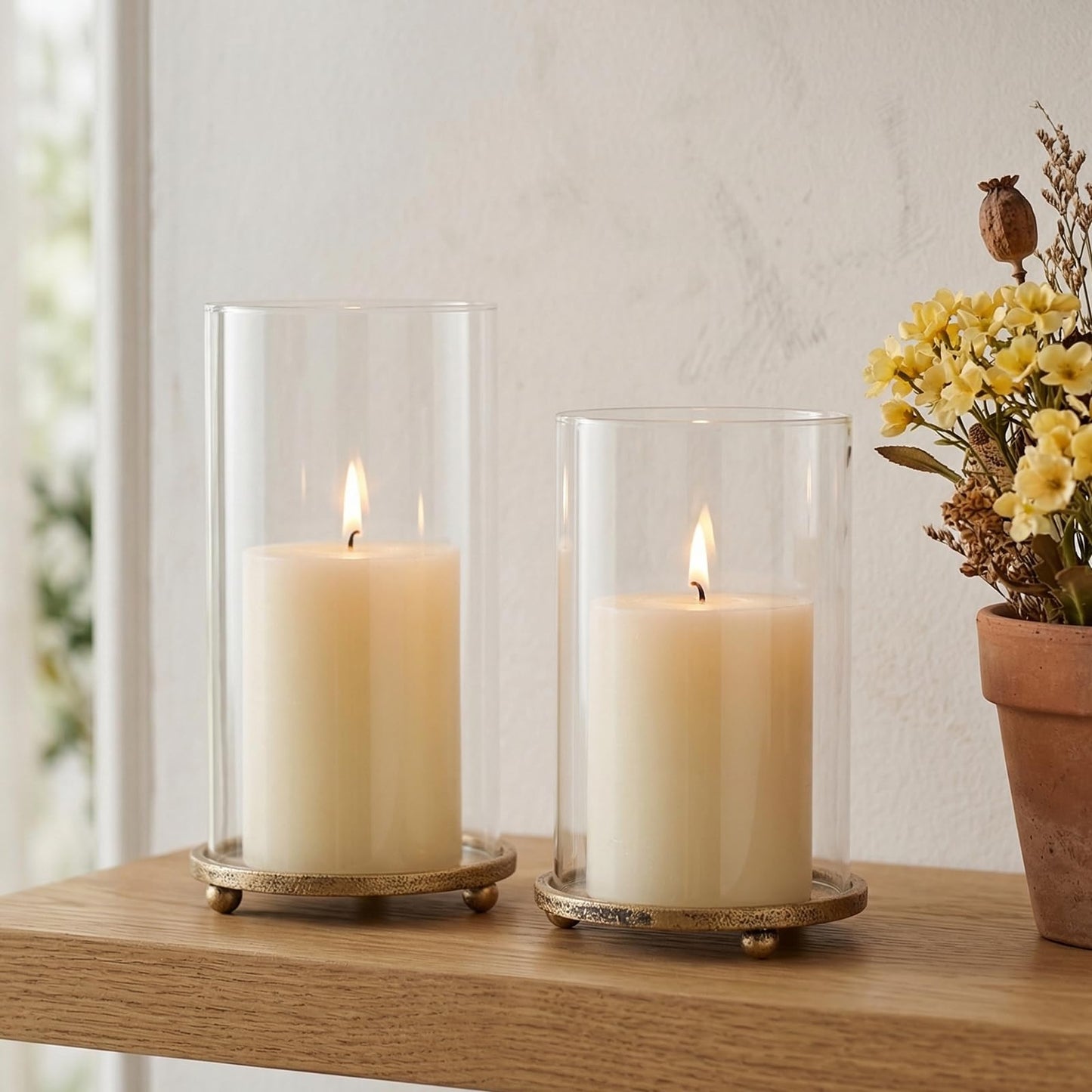 Hurricane Candle Holders Set of 2 - Pillar Candle Stands with Glass Sleeves for Fireplace Mantel & Dining Table Centerpiece Decor (Gold)