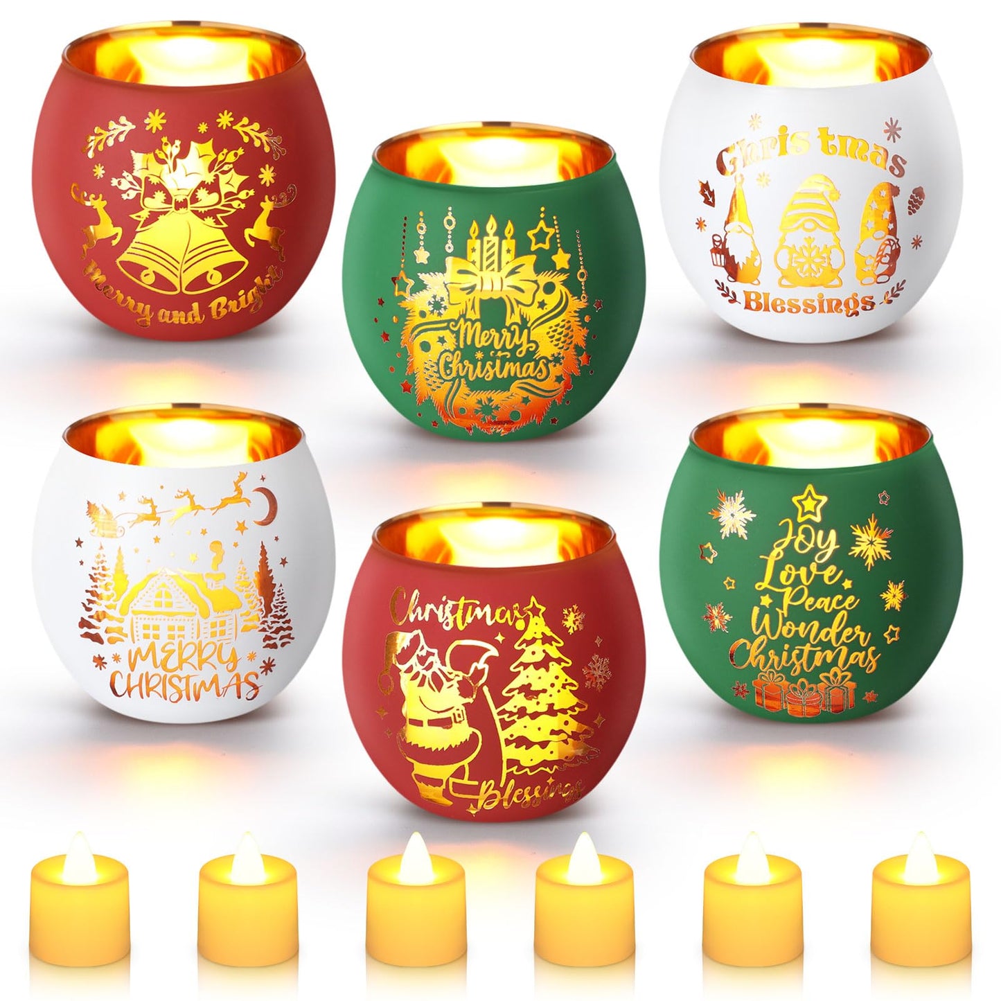 VIHOSE 6 Set Christmas Votive Candle Holders Xmas Red Green White Glass Tea Light with LED Battery Operated Candles Flameless Lights Christmas Table Decorations for Home Table Centerpiece Decor Gifts