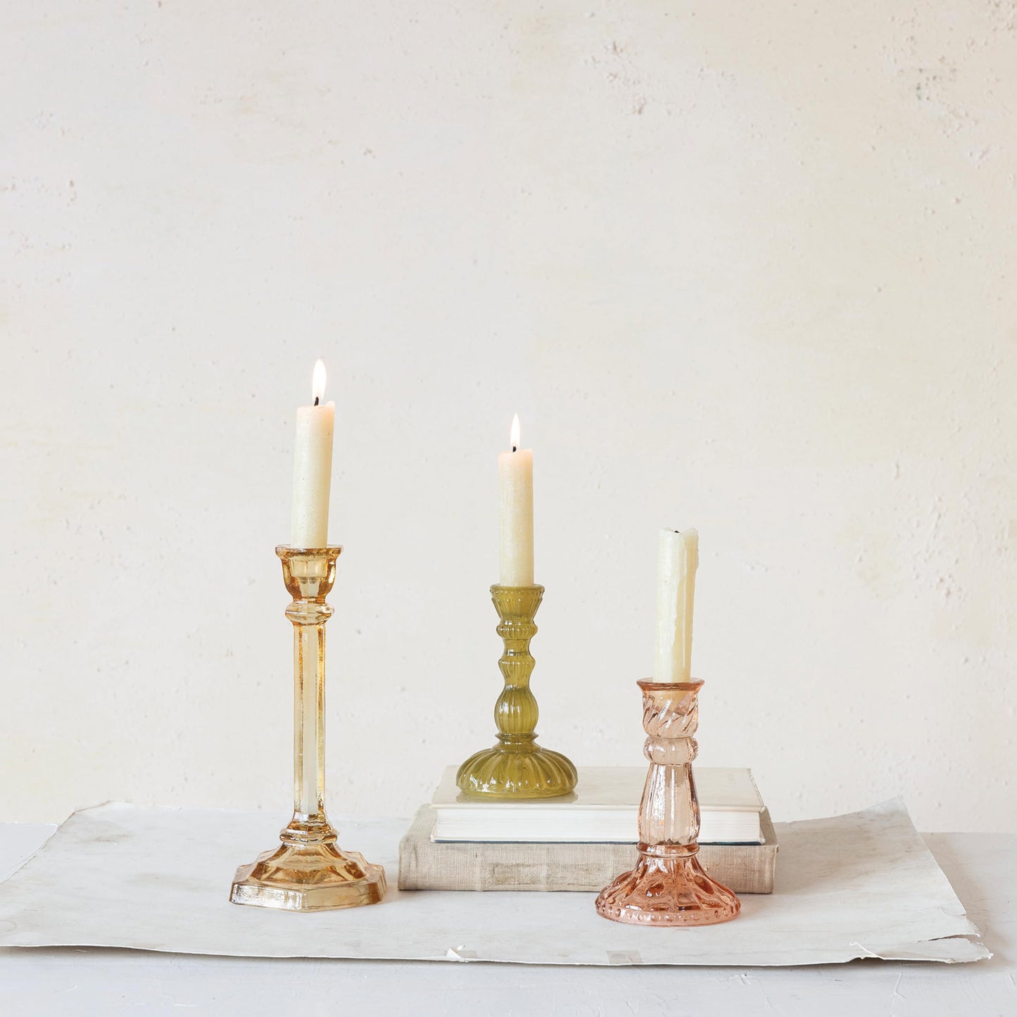 Creative Co-Op Tall Embossed Reclaimed Glass Taper Holder, Chartreuse