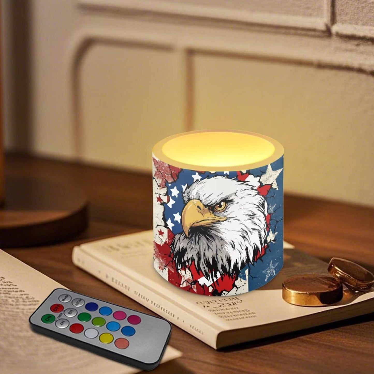 NETILGEN American Flag Eagle Daisy 3 inch Flameless LED Candles with Remote Timer Set of 4 July 4th Independence Day Decor Realistic Flickering Flameless Candles with Battery Powered