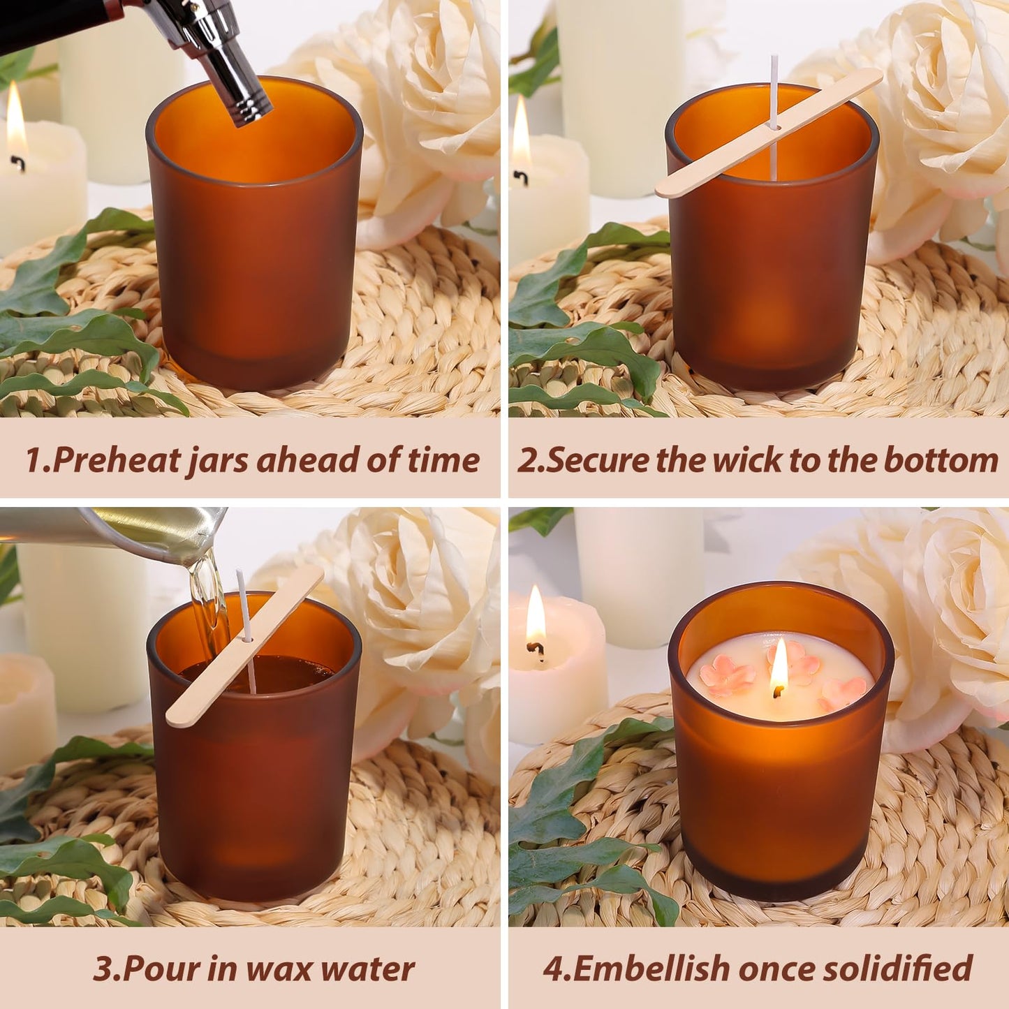 CONNOO 15-Pack 7oz Fall Amber Candle Jars with Bamboo Lids & Sticky Labels – Thick Glass Candle Jars for DIY Making, Dishwasher Safe, Bulk Set