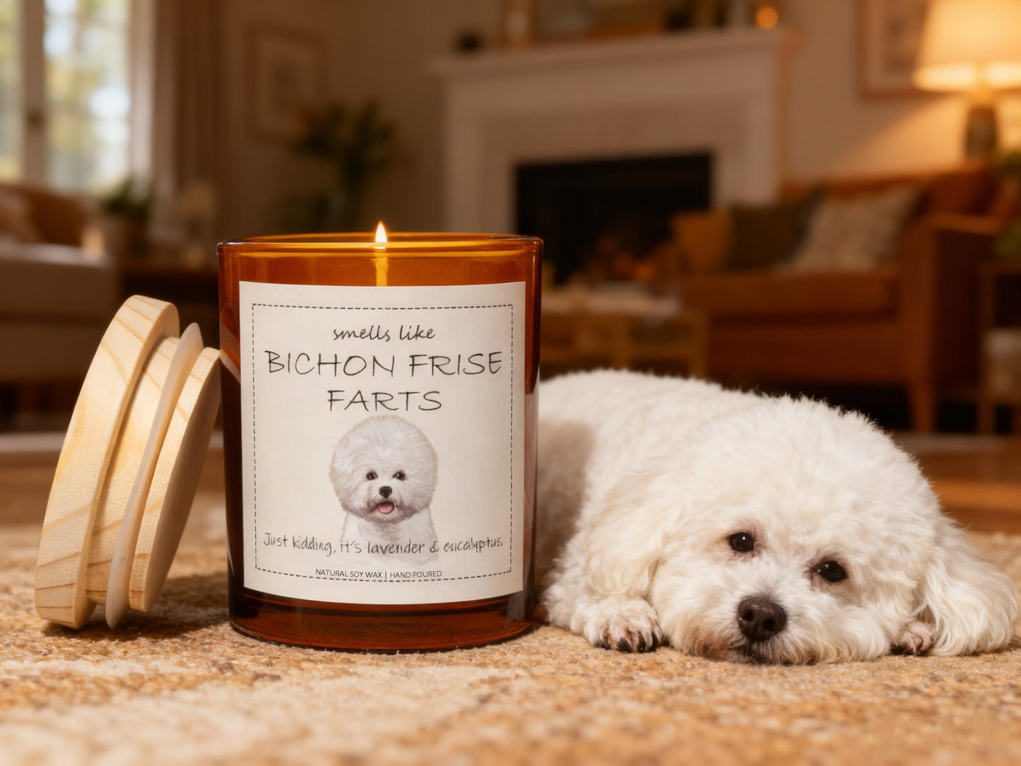 Bichon Frise Gifts & Decor, Dog Mom Gift for Women, Smells Like Bichon Frise Farts Candle - Lavender & Eucalyptus, Crafted by Natural Soy Wax & Natural Essential Oils