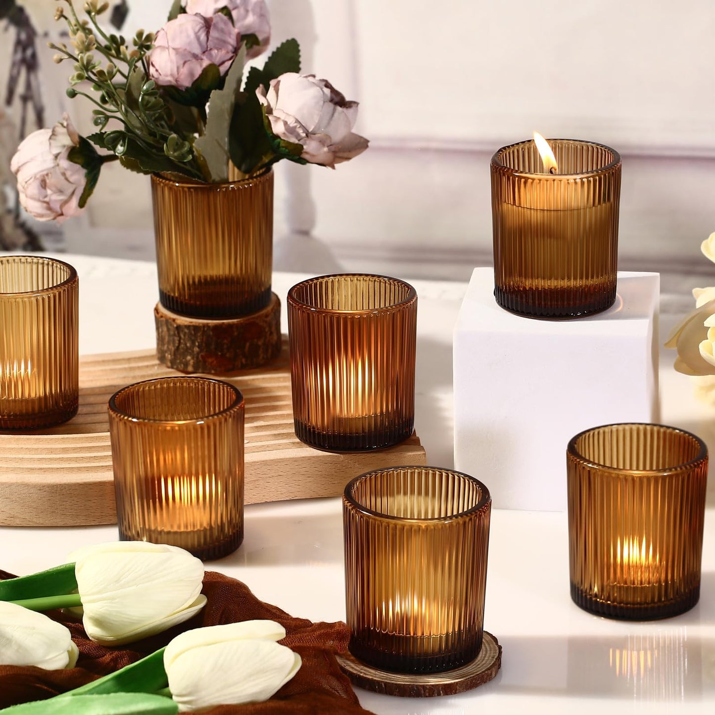 36pcs Amber Votive Candle Holders Thanksgiving Table Decor, Glass Small Tea Lights Candle Holders for Table Centerpiece for Home Decor Party Fall Boho Decor(36,Amber)