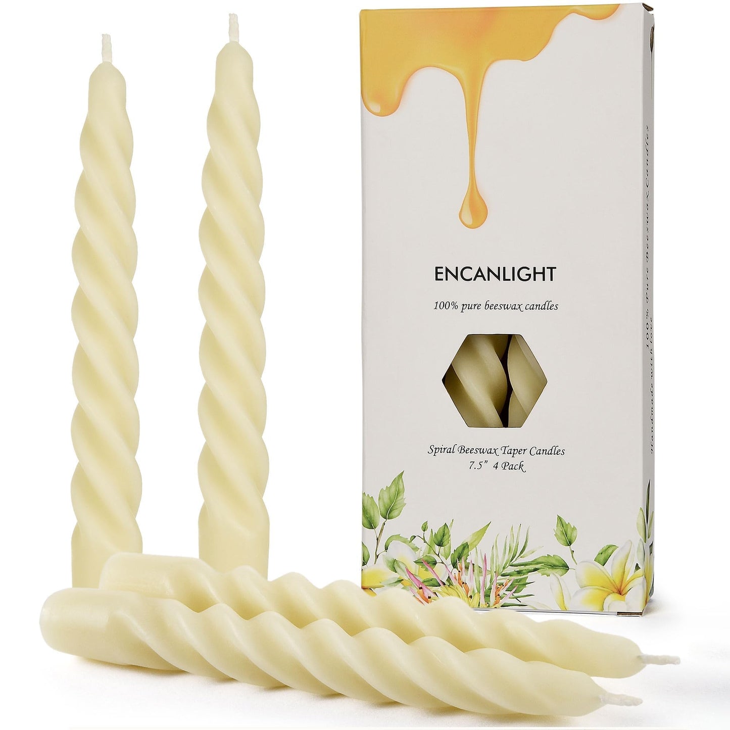 7.5 inch Natural Pure Hand Poured Spiral Bees waxs Tapered Candle 4 Packs,Unscented Dripless Twisted Candlesticks,Wick and Smokeless for Home Decorations, Yoga