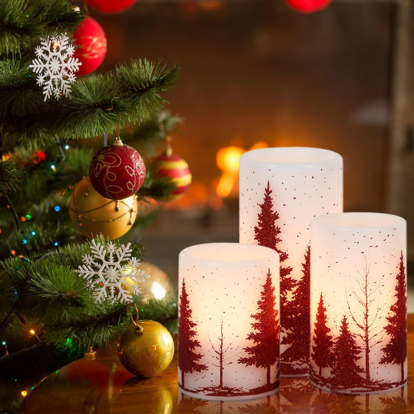 Eldnacele Christmas Flickering Flameless Candles with 6 Hour Timer, Red Christmas Tree Decal Battery Operated Real Wax LED Pillar Candles Home Tabletop Holiday Decor(3Pcs,3×4/5/6 Inches)