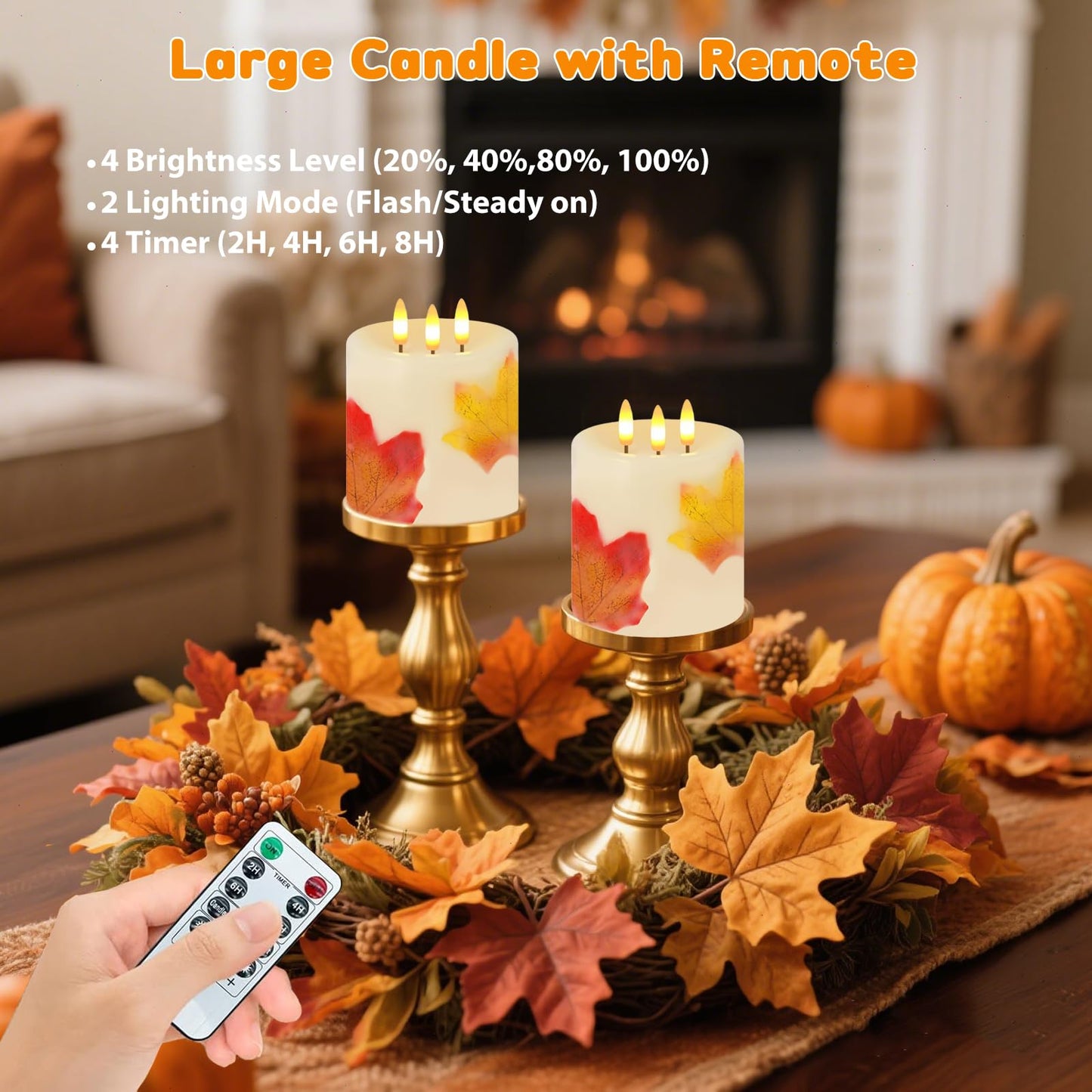 Large 3 Wick Flameless Candles Set of 2, 4"x4" Flickering Maple Leaves LED Candles with Remote & Timer, Real Wax Electric Pillar Candles Battery Operated, Fall Candles for Thanksgiving Autumn Decor