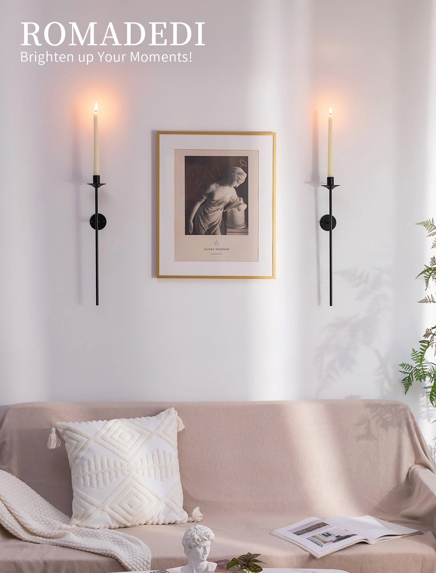 Romadedi Wall Candle Sconce Black - Set of 2 Mount Metal Wall Sconces for Candlestick Taper Holders for Farmhouse Living Room Mantel Fireplace Bathroom Office Decor