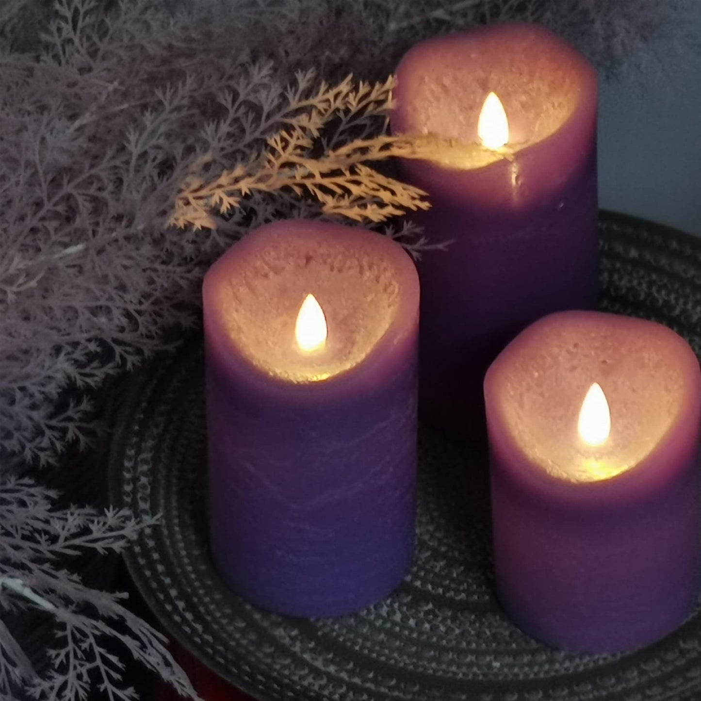 iZAN 3 Pack Real Wax Flameless Candles Battery Operated LED Pillar Flickering Realistic Electric Candle Gift Sets with Remote Control and Cycling 24 Hours Timer 3”D X 4" 5" 6" H (Purple)