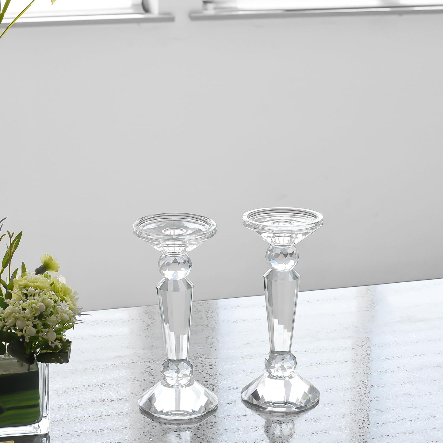 Marvala Crystal Taper Candle Holders Set, Clear Dual-Sided 2-in-1 Candlesticks for Taper and Pillar Candles, Elegant Wedding Table, Wedding, Christmas, Home Holiday Decor (Set of 2-S)